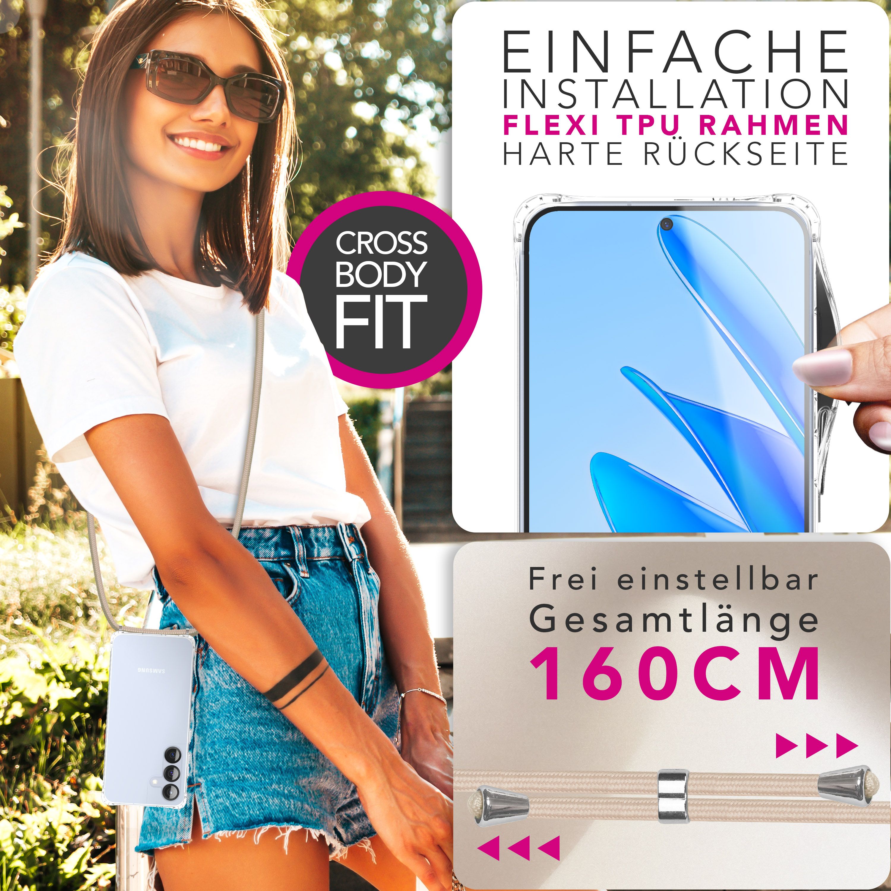 NALIA Handykette mit Hülle Samsung Galaxy S25 FE Case Crossbody verstellbar Sandstein Beige NALIA Klare Hüllen