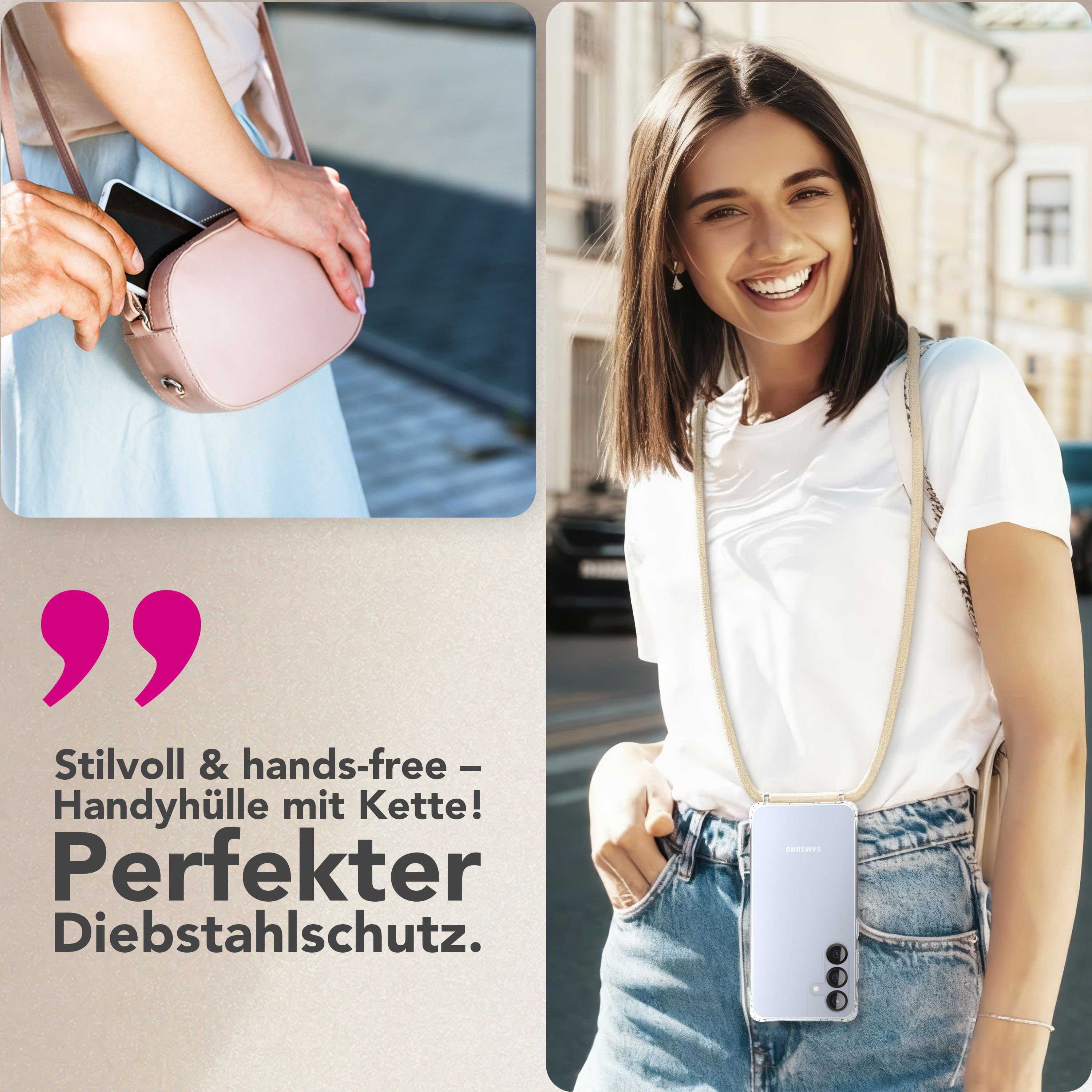 NALIA Handykette mit Hülle Samsung Galaxy S25 FE Case Crossbody verstellbar Sandstein Beige NALIA Klare Hüllen