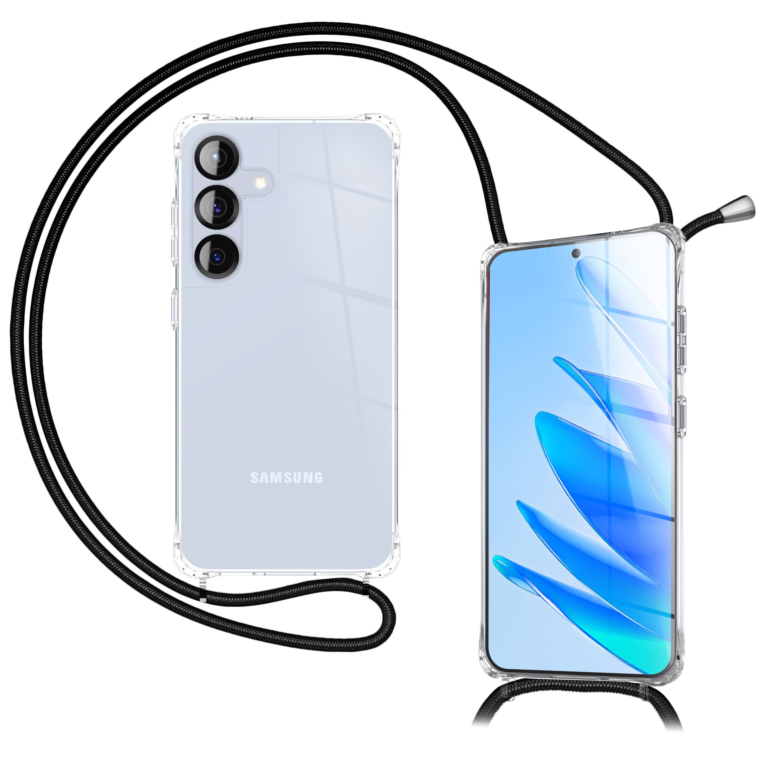 NALIA Handykette mit Hülle Samsung Galaxy S25 FE Case Crossbody verstellbar Mitternacht Schwarz NALIA Klare Hüllen