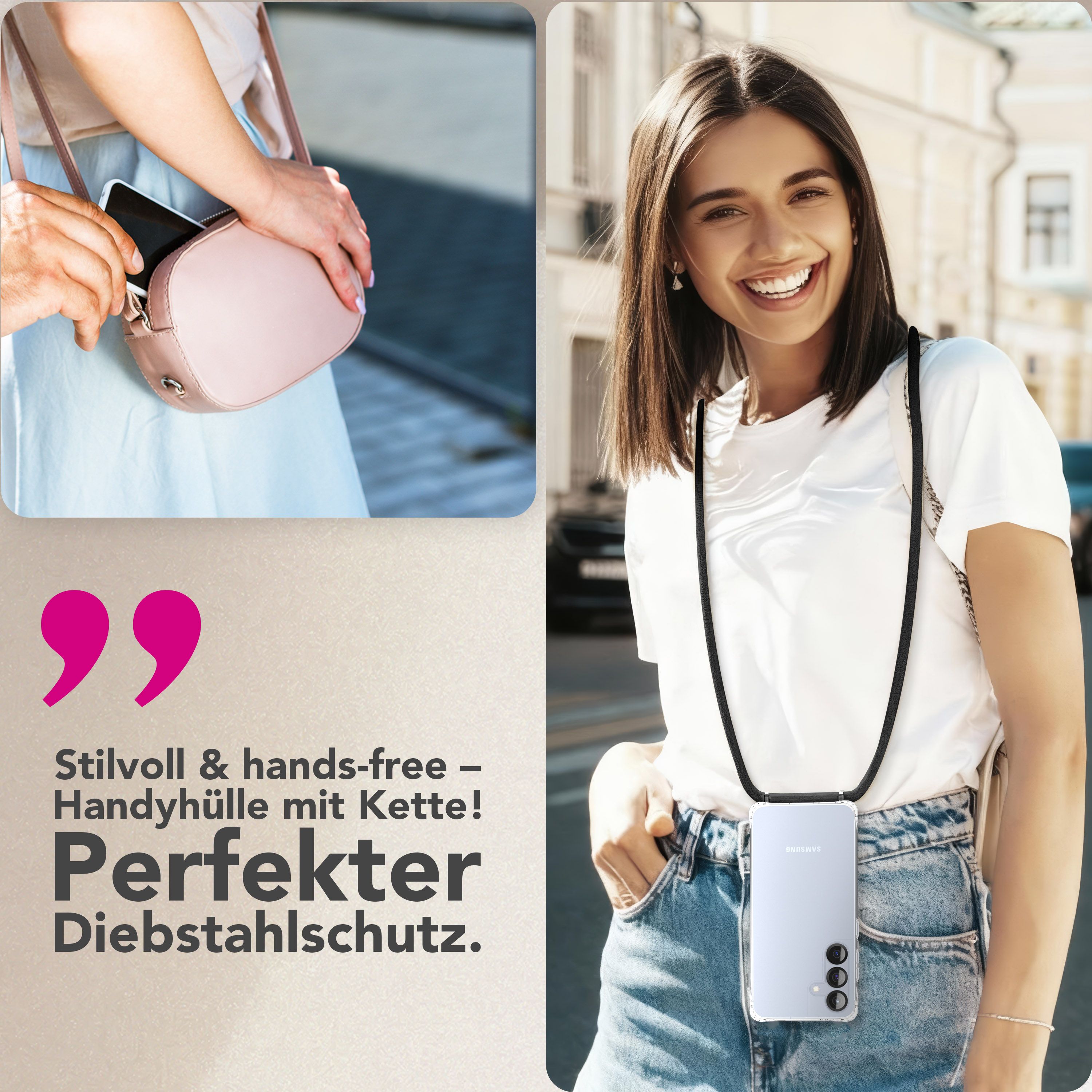 NALIA Handykette für Samsung Galaxy S25 FE – Transparentes Hybrid-Case & Band – HANGIT PRO (Anti-Gelb Rückseite & Verstellbar) – Marke aus Berlin Mitternacht Schwarz NALIA Klare Hüllen