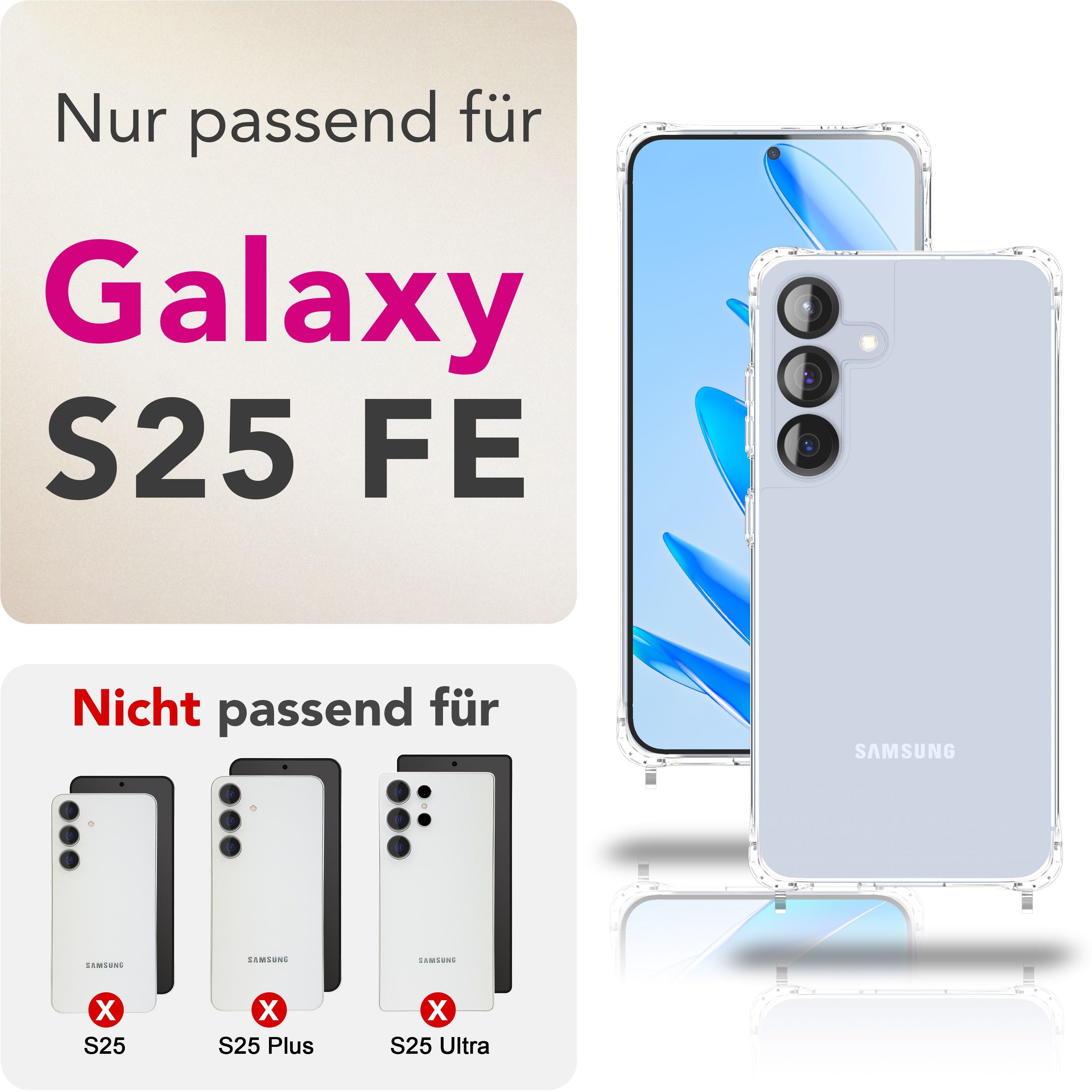 NALIA Hülle Hangit für Samsung Galaxy S25 FE (Umhängehülle) - Transparente Handyhülle mit Band, Kristallklar & Anti-Gelb, Verstellbare 160cm Handykette