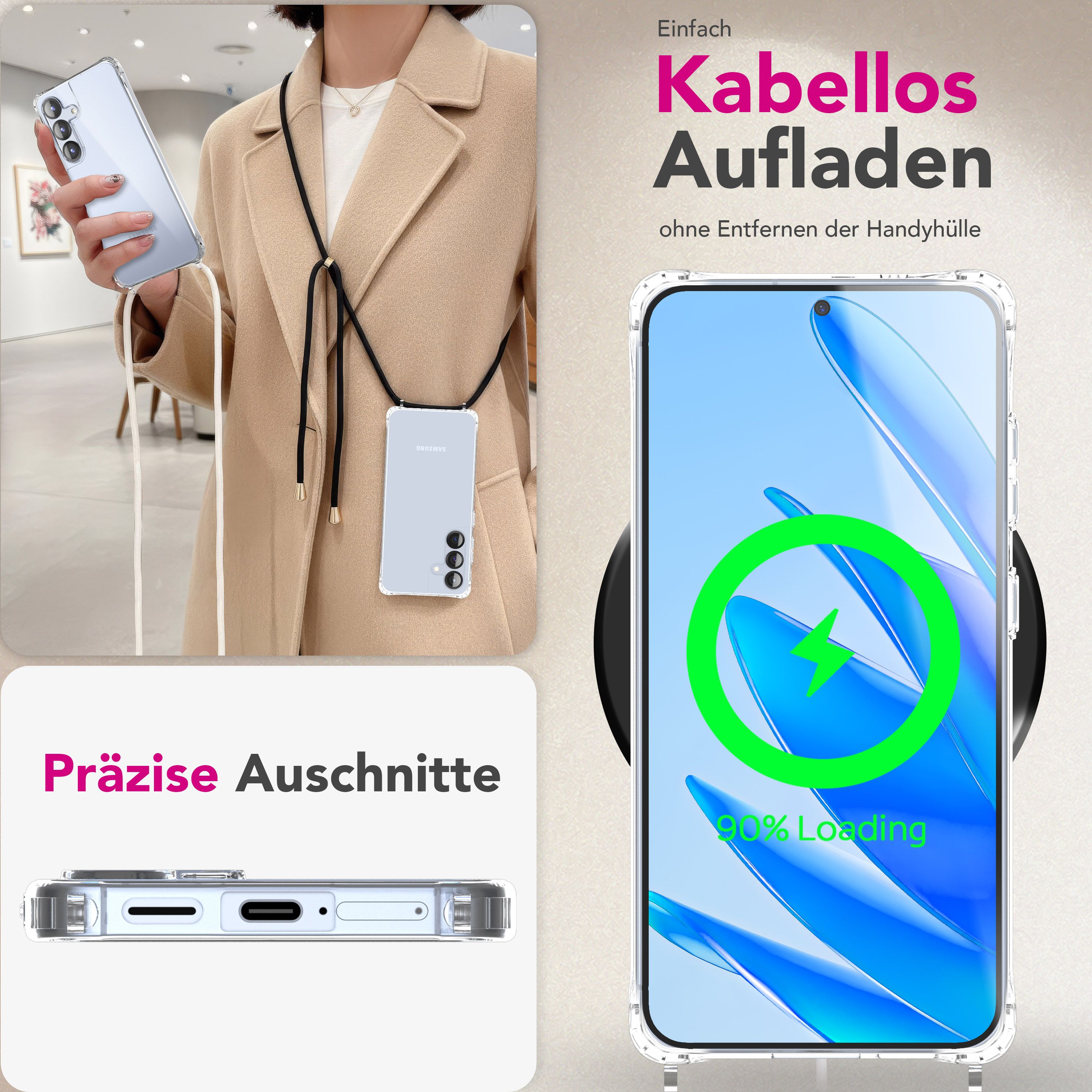 NALIA Handykette mit Hülle Samsung Galaxy S25 FE Case Crossbody verstellbar Sandstein Beige NALIA Klare Hüllen