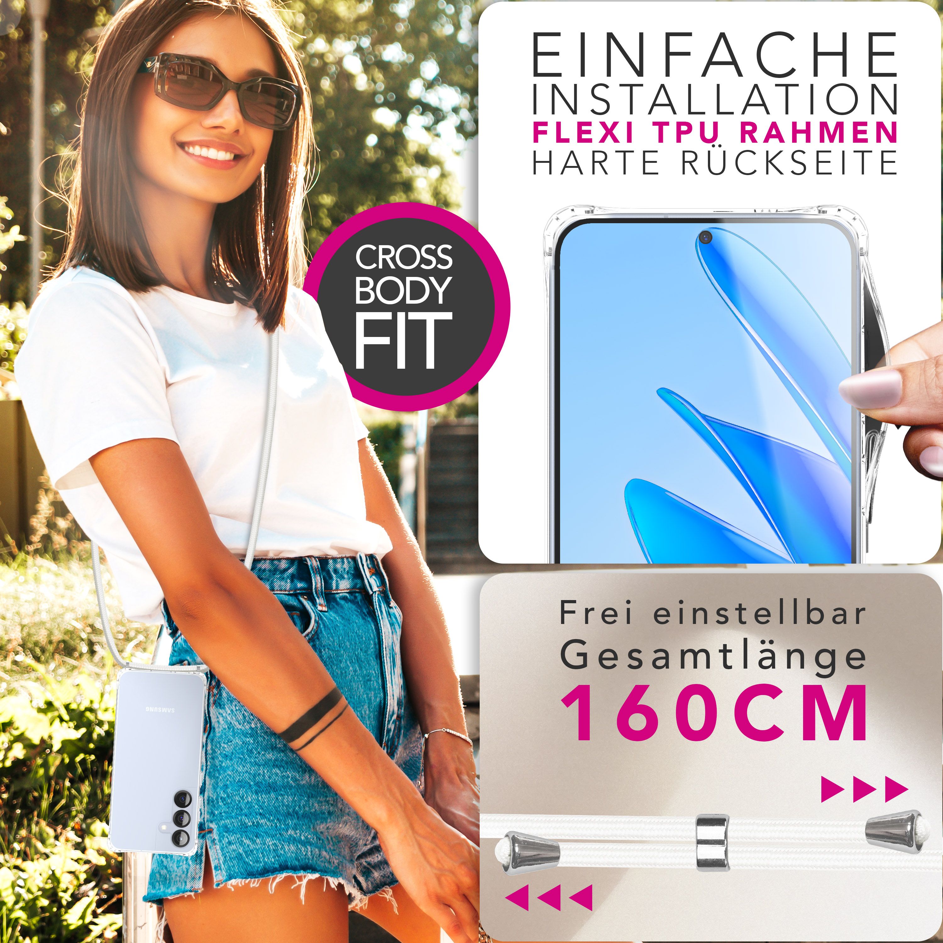 NALIA Handykette mit Hülle Samsung Galaxy S25 FE Case Crossbody verstellbar Mondweiß NALIA Klare Hüllen