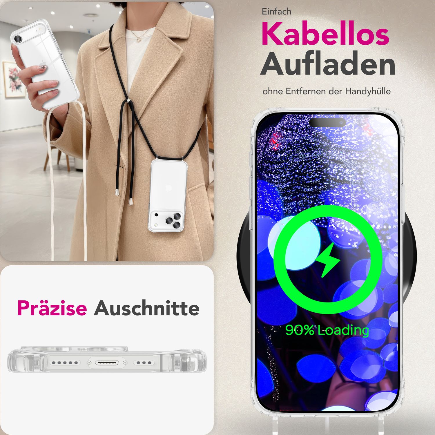 NALIA Hülle Hangit für Apple iPhone 17 (Umhängehülle) - Klare Handyhülle mit Band, Transparent & Anti-Gelb, Air-Cushion Ecken, Verstellbare 160cm Handykette Sandstein Beige NALIA Klare Hüllen