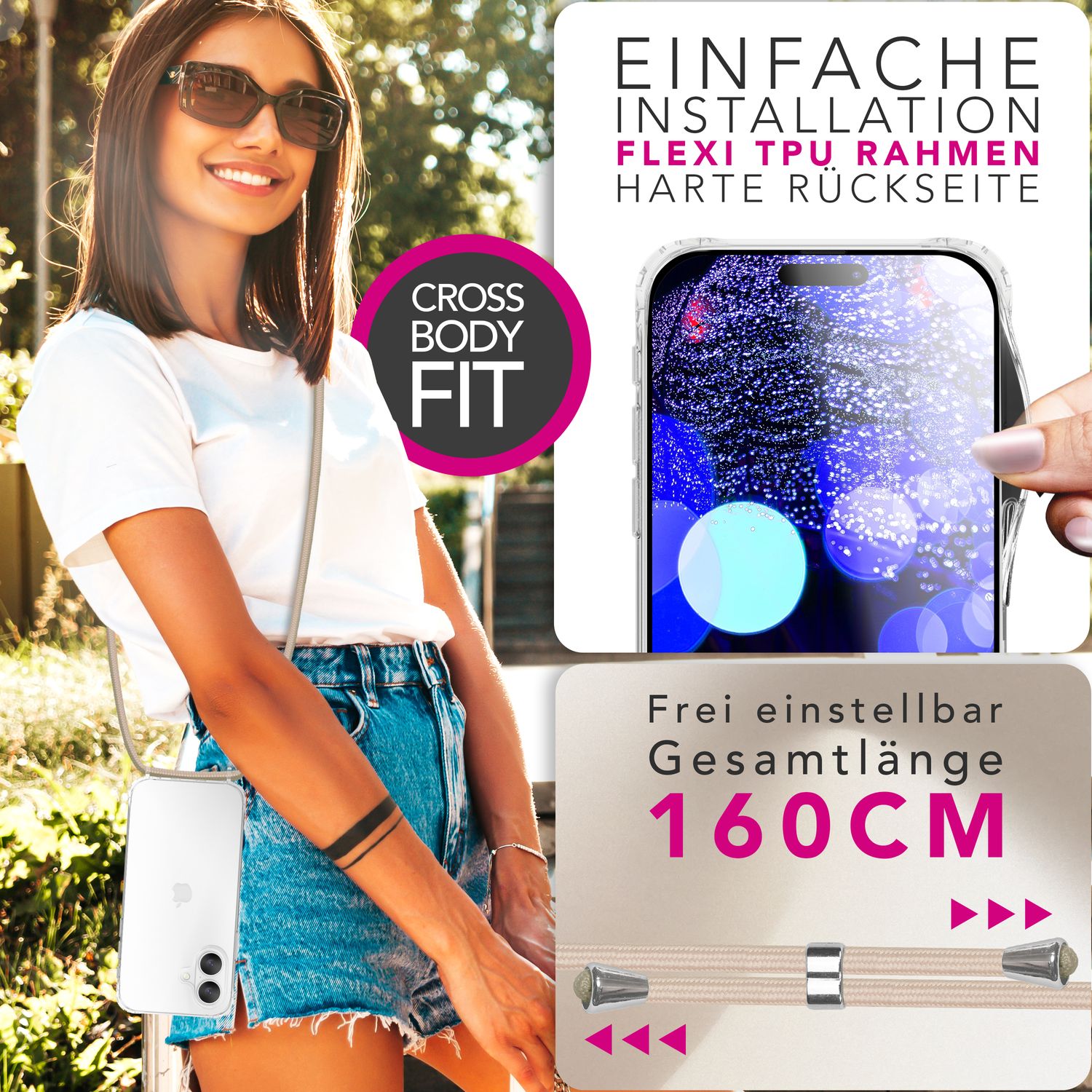 NALIA Hülle Hangit für Apple iPhone 17 (Umhängehülle) - Klare Handyhülle mit Band, Transparent & Anti-Gelb, Air-Cushion Ecken, Verstellbare 160cm Handykette Sandstein Beige NALIA Klare Hüllen