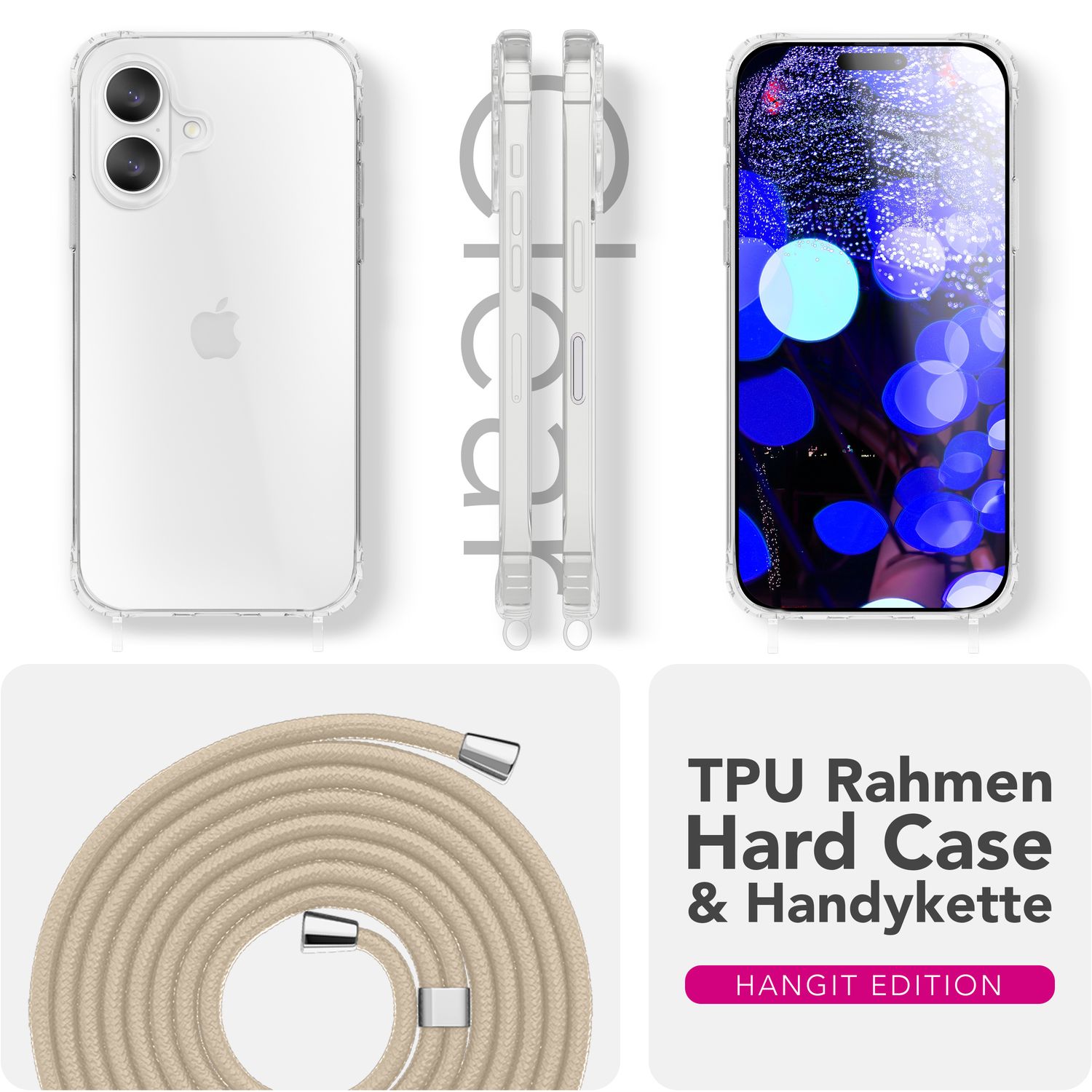 NALIA Hülle Hangit für Apple iPhone 17 (Umhängehülle) - Klare Handyhülle mit Band, Transparent & Anti-Gelb, Air-Cushion Ecken, Verstellbare 160cm Handykette Sandstein Beige NALIA Klare Hüllen