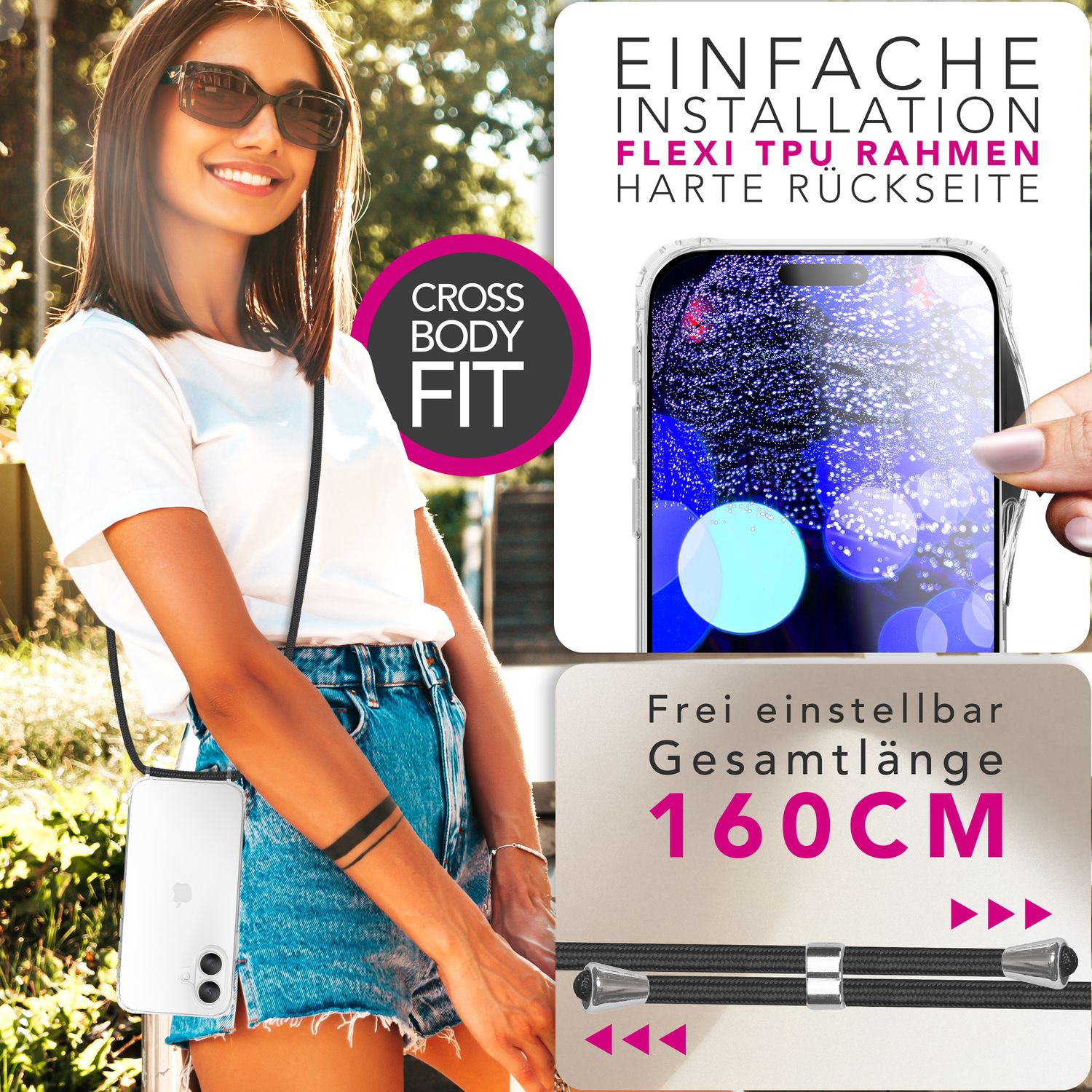 NALIA Handykette mit Hülle iPhone 17 Case Crossbody verstellbar Mitternacht Schwarz NALIA Klare Hüllen
