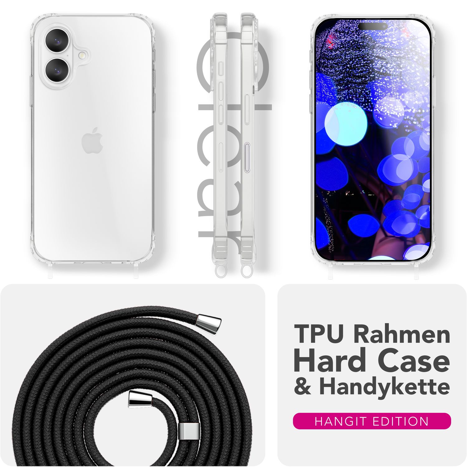 NALIA Hülle Hangit für Apple iPhone 17 (Umhängehülle) - Klare Handyhülle mit Band, Transparent & Anti-Gelb, Air-Cushion Ecken, Verstellbare 160cm Handykette Mitternacht Schwarz NALIA Klare Hüllen
