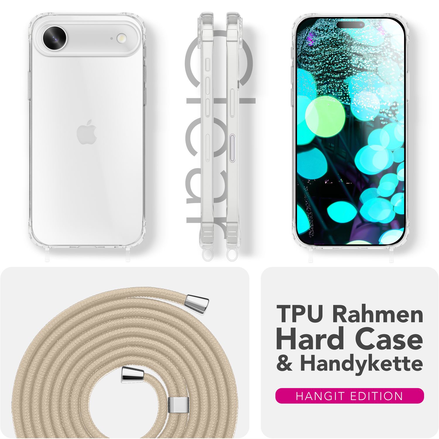 NALIA Hülle Hangit für Apple iPhone 17 Air (Umhängehülle) - Transparente Schutzhülle mit 160cm Band, Anti-Gelb, Stoßfest & Kratzfest, Verstellbare Handykette Sandstein Beige NALIA Klare Hüllen