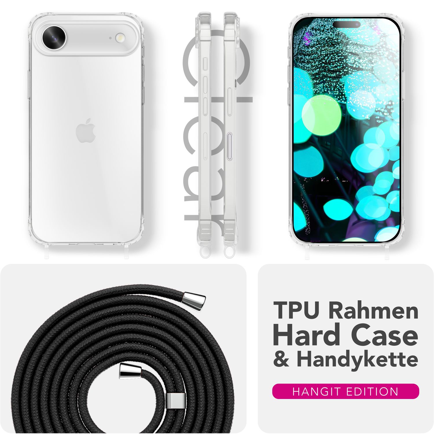 NALIA Hülle Hangit für Apple iPhone 17 Air (Umhängehülle) - Transparente Schutzhülle mit 160cm Band, Anti-Gelb, Stoßfest & Kratzfest, Verstellbare Handykette Mitternacht Schwarz NALIA Klare Hüllen