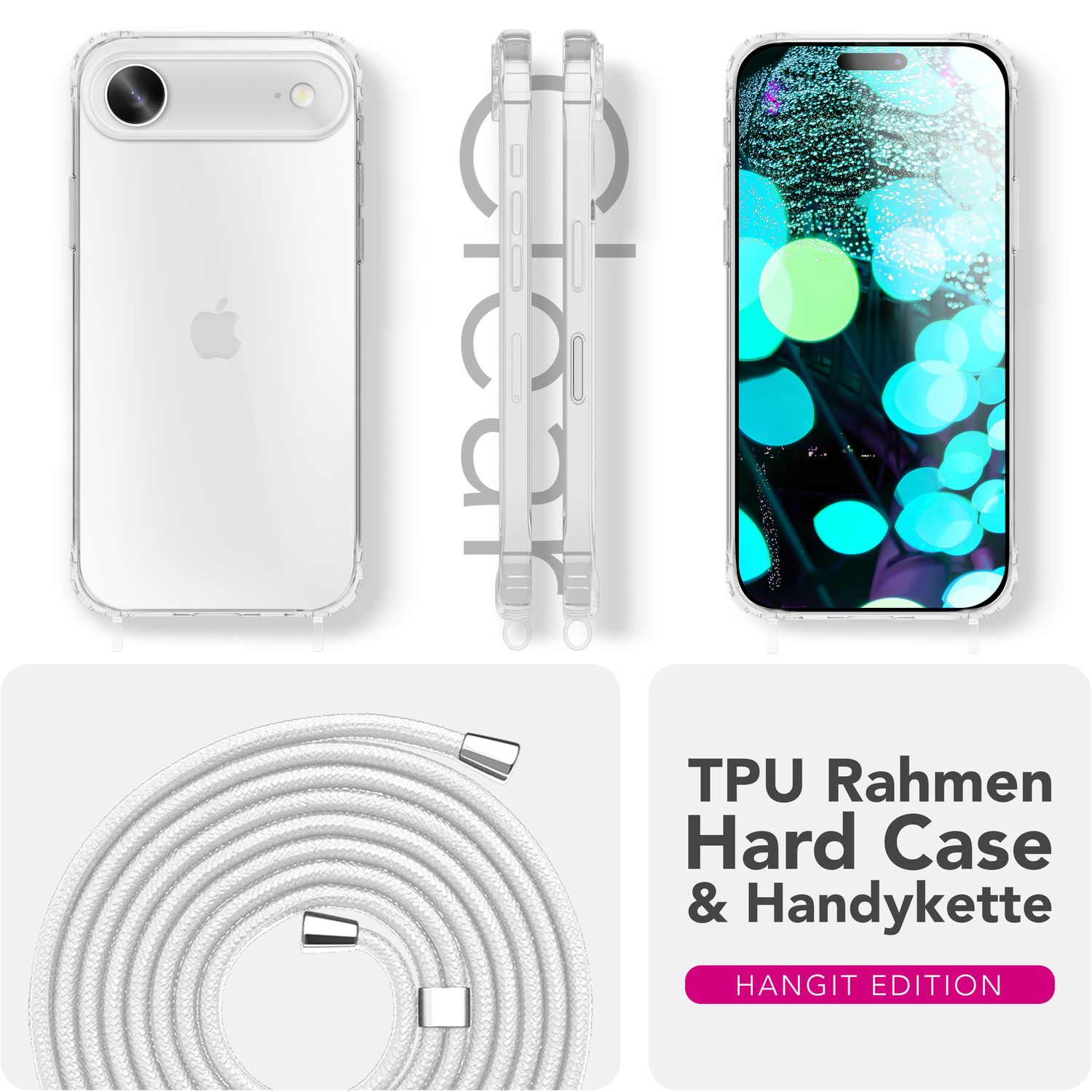 NALIA Hülle Hangit für Apple iPhone 17 Air (Umhängehülle) - Transparente Schutzhülle mit 160cm Band, Anti-Gelb, Stoßfest & Kratzfest, Verstellbare Handykette Mondweiß NALIA Klare Hüllen