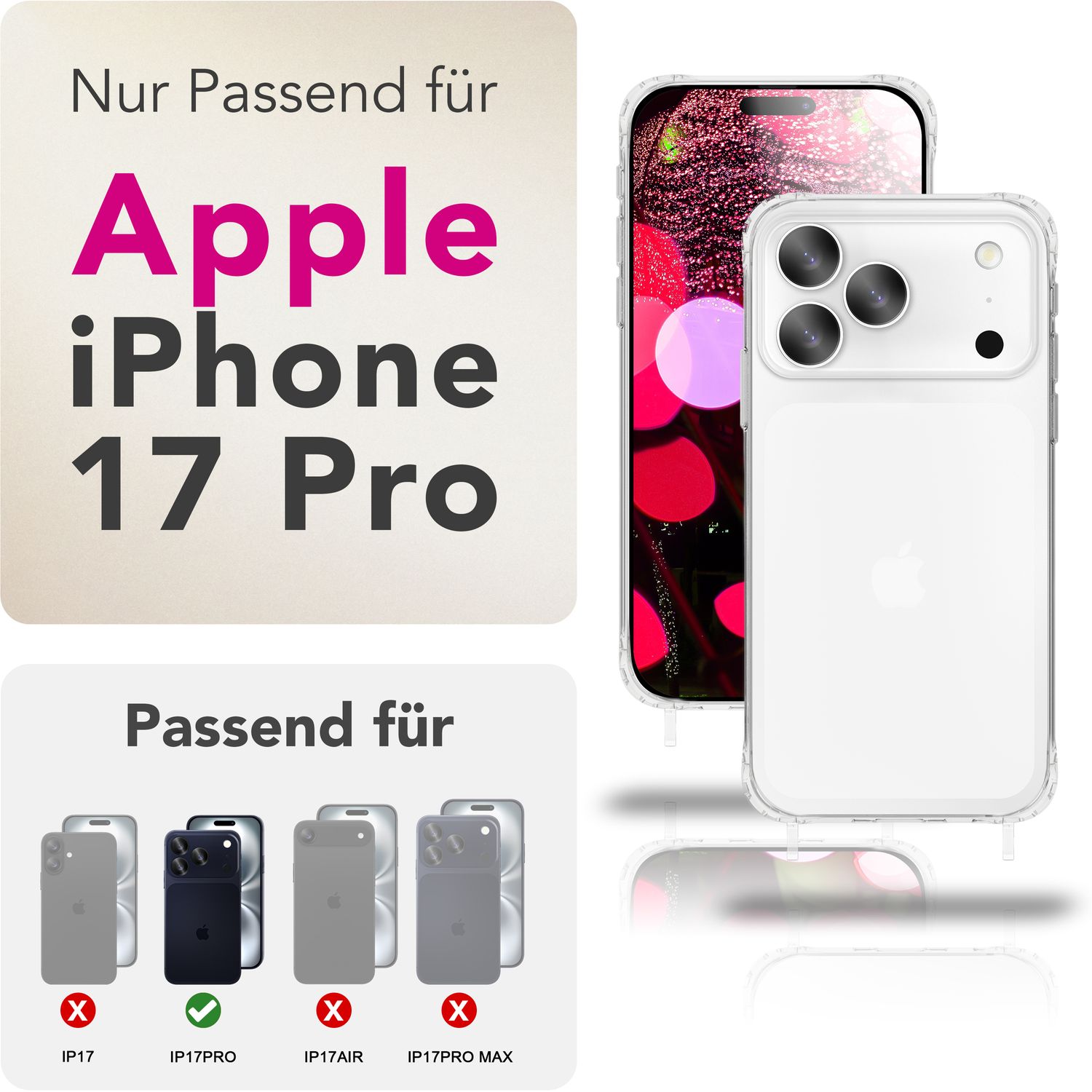 NALIA Hülle Hangit für Apple iPhone 17 Pro (Umhängehülle) - Klare Handyhülle mit verstellbarem Band, Durchsichtig & Anti-Gelb, Air-Cushion, 160cm Handykette