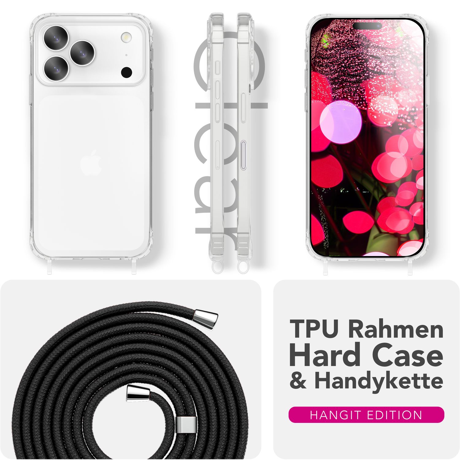 NALIA Hülle Hangit für Apple iPhone 17 Pro (Umhängehülle) - Klare Handyhülle mit verstellbarem Band, Durchsichtig & Anti-Gelb, Air-Cushion, 160cm Handykette