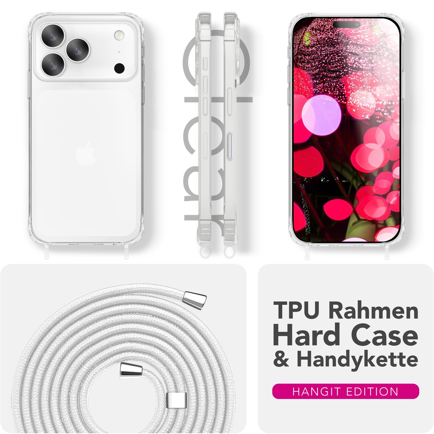 NALIA Hülle Hangit für Apple iPhone 17 Pro (Umhängehülle) - Klare Handyhülle mit verstellbarem Band, Durchsichtig & Anti-Gelb, Air-Cushion, 160cm Handykette