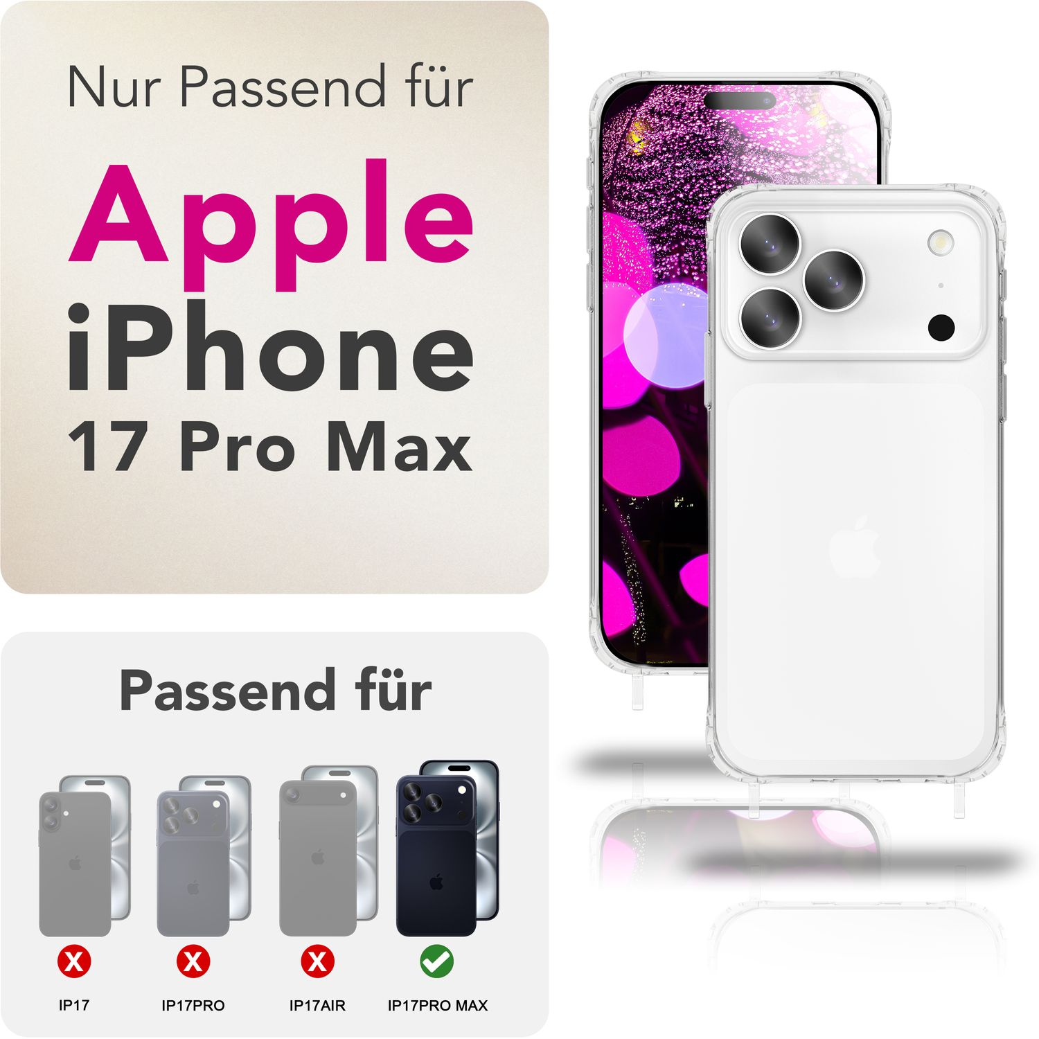 NALIA Hülle Hangit für Apple iPhone 17 Pro Max (Umhängehülle) - Kristallklares Cover mit Trage-Band, Stoßfest & Anti-Gelb, 160cm verstellbare Handykette Sandstein Beige NALIA Klare Hüllen