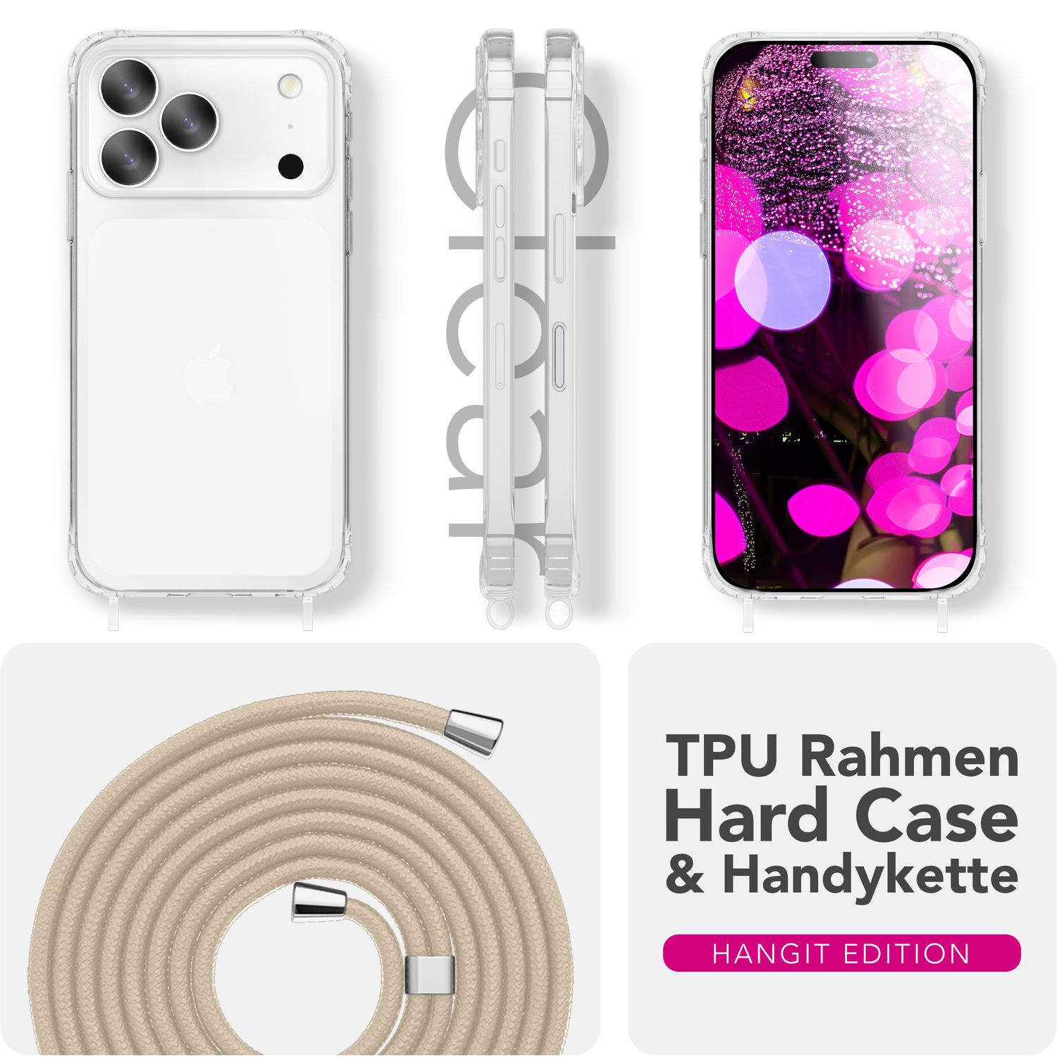 NALIA Hülle Hangit für Apple iPhone 17 Pro Max (Umhängehülle) - Kristallklares Cover mit Trage-Band, Stoßfest & Anti-Gelb, 160cm verstellbare Handykette Sandstein Beige NALIA Klare Hüllen