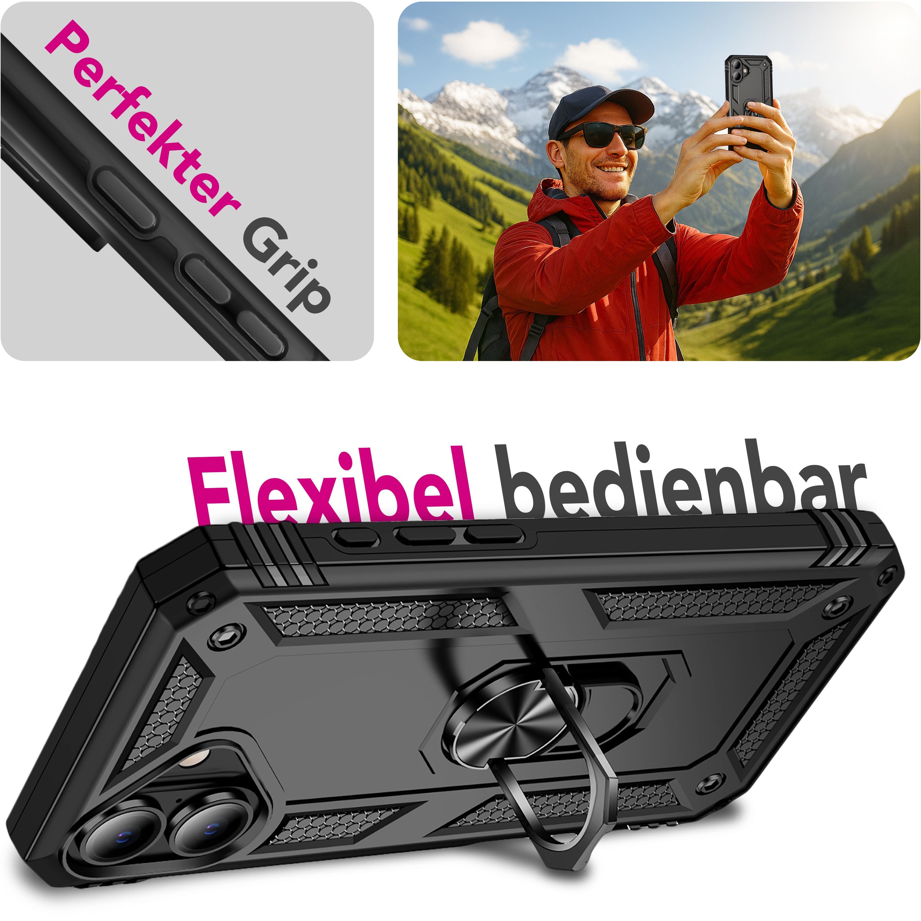 NALIA Hülle RingDefend für Apple iPhone 17 (Military-Grade Schutz) - Robuste Panzerhülle mit 360° Dreh-Ring & Ständer, Stoßfest & Schlagresistent, Griffig, Outdoor Case - Schwarz