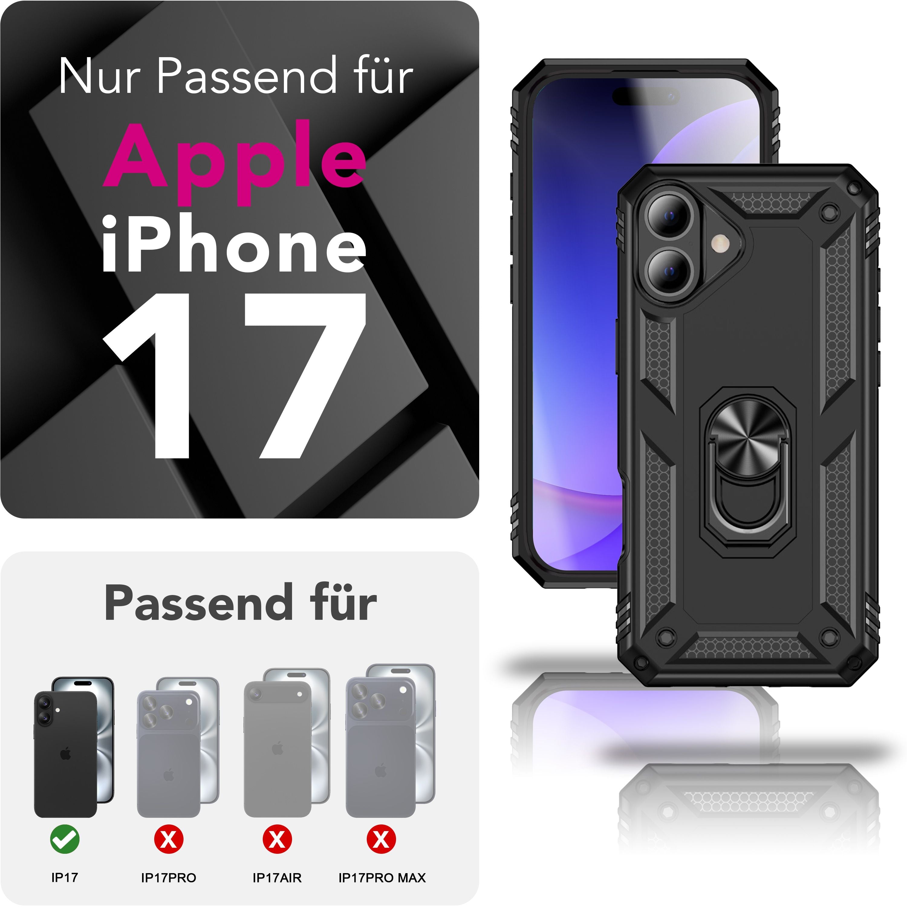 NALIA Hülle RingDefend für Apple iPhone 17 (Military-Grade Schutz) - Robuste Panzerhülle mit 360° Dreh-Ring & Ständer, Stoßfest & Schlagresistent, Griffig, Outdoor Case - Schwarz