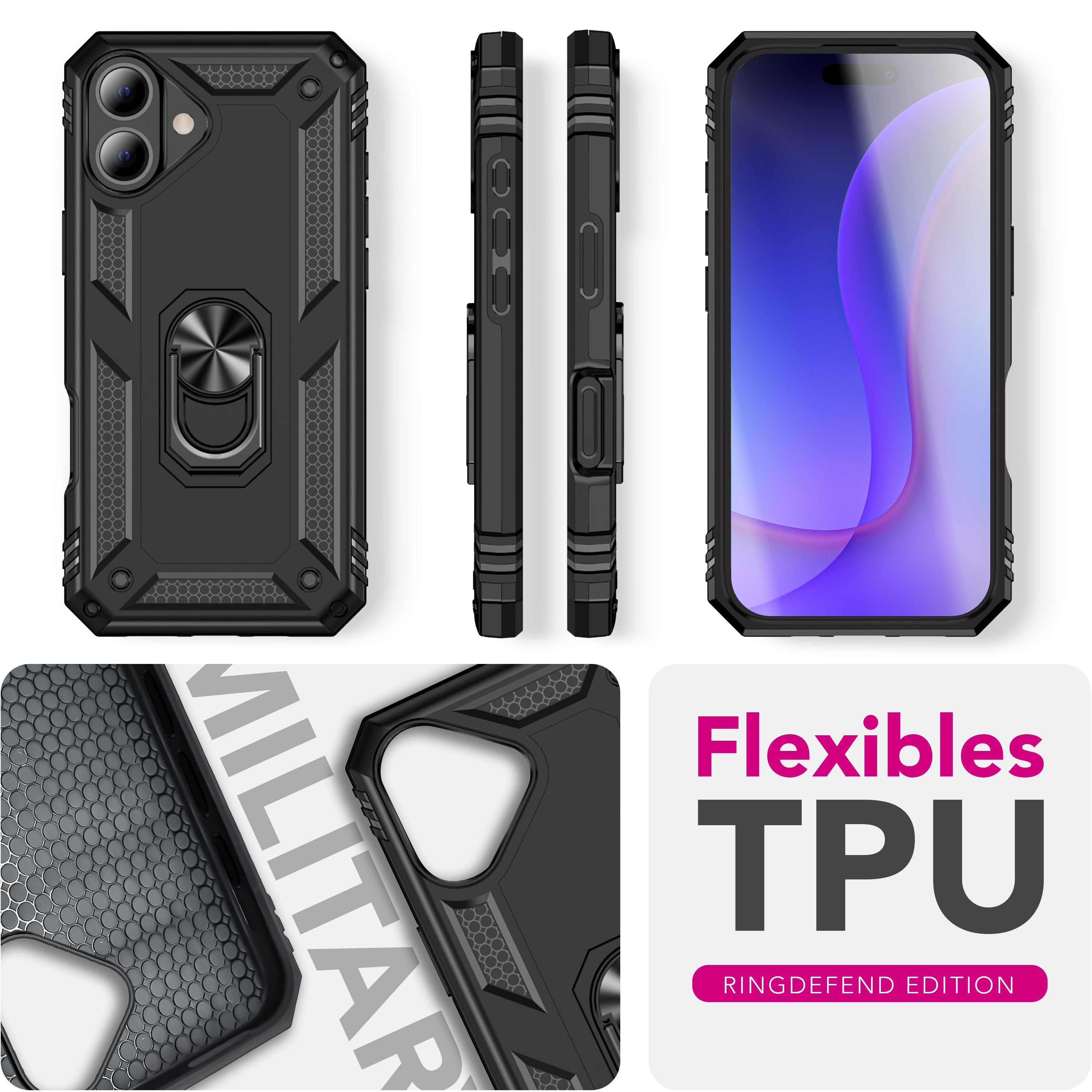 NALIA Hülle RingDefend für Apple iPhone 17 (Military-Grade Schutz) - Robuste Panzerhülle mit 360° Dreh-Ring & Ständer, Stoßfest & Schlagresistent, Griffig, Outdoor Case - Schwarz