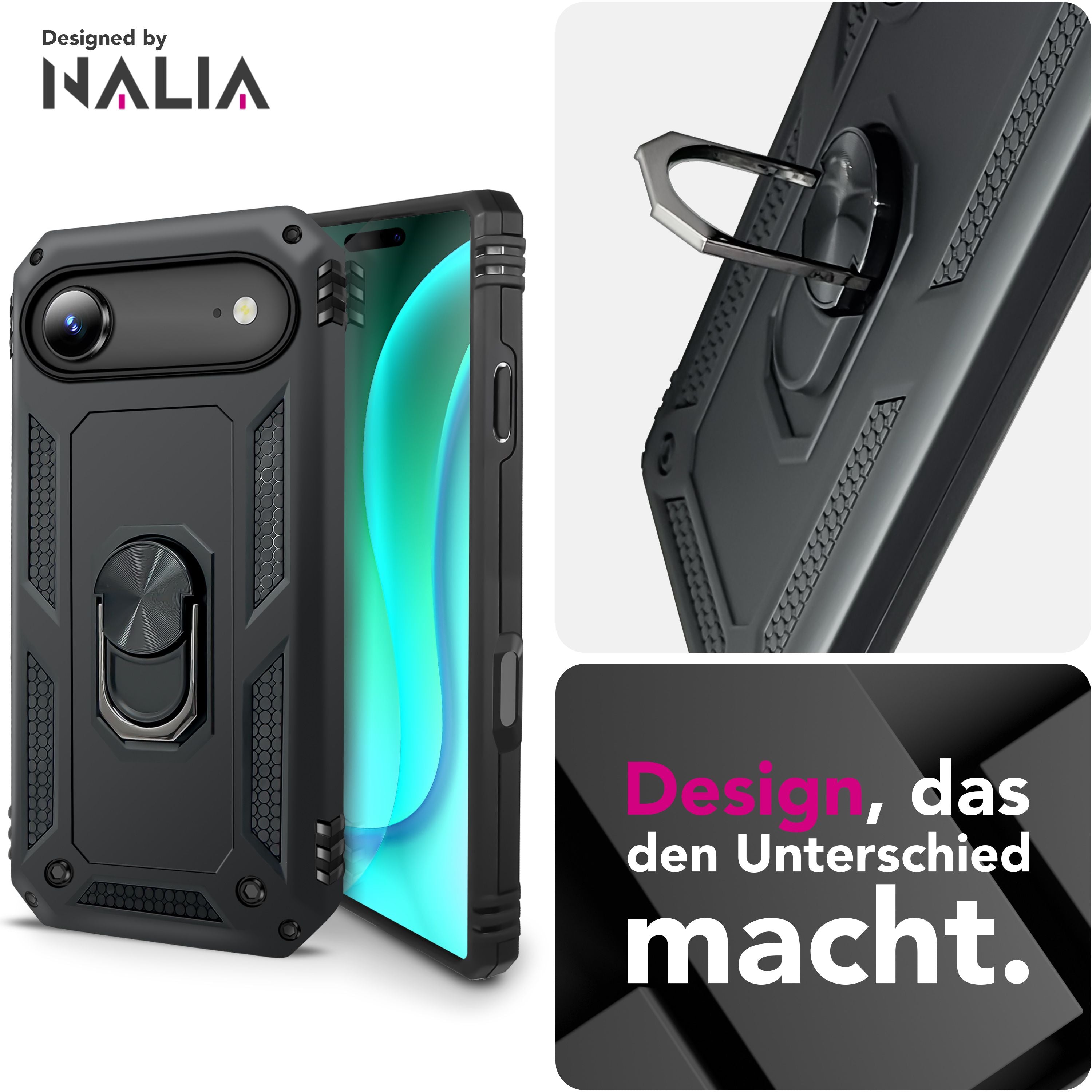 NALIA Hülle RingDefend für Apple iPhone 17 Air (Military-Grade Schutz) - Militär Panzerhülle mit 360° Dreh-Ring & Ständer, Schlagfest & Stoßsicher, Rutschfestes Hardcase - Schwarz