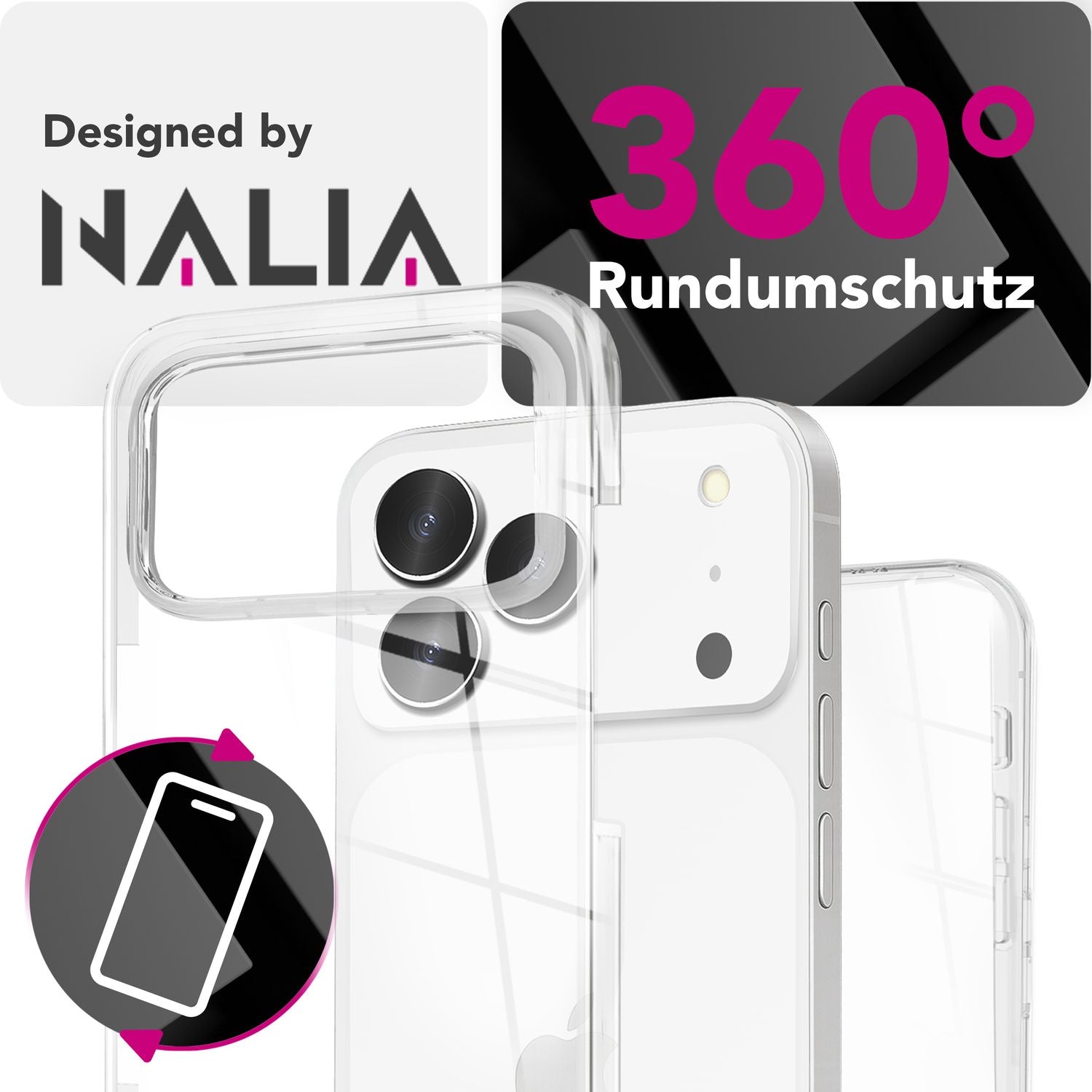 NALIA 360Guard passend für Apple iPhone 17 Pro Max Hülle (360° Rundumschutz) - Klare Full-Body Handyhülle, Kratzfeste PC-Rückseite & gehärtete Displayfolie, Transparent & Anti-Gelb