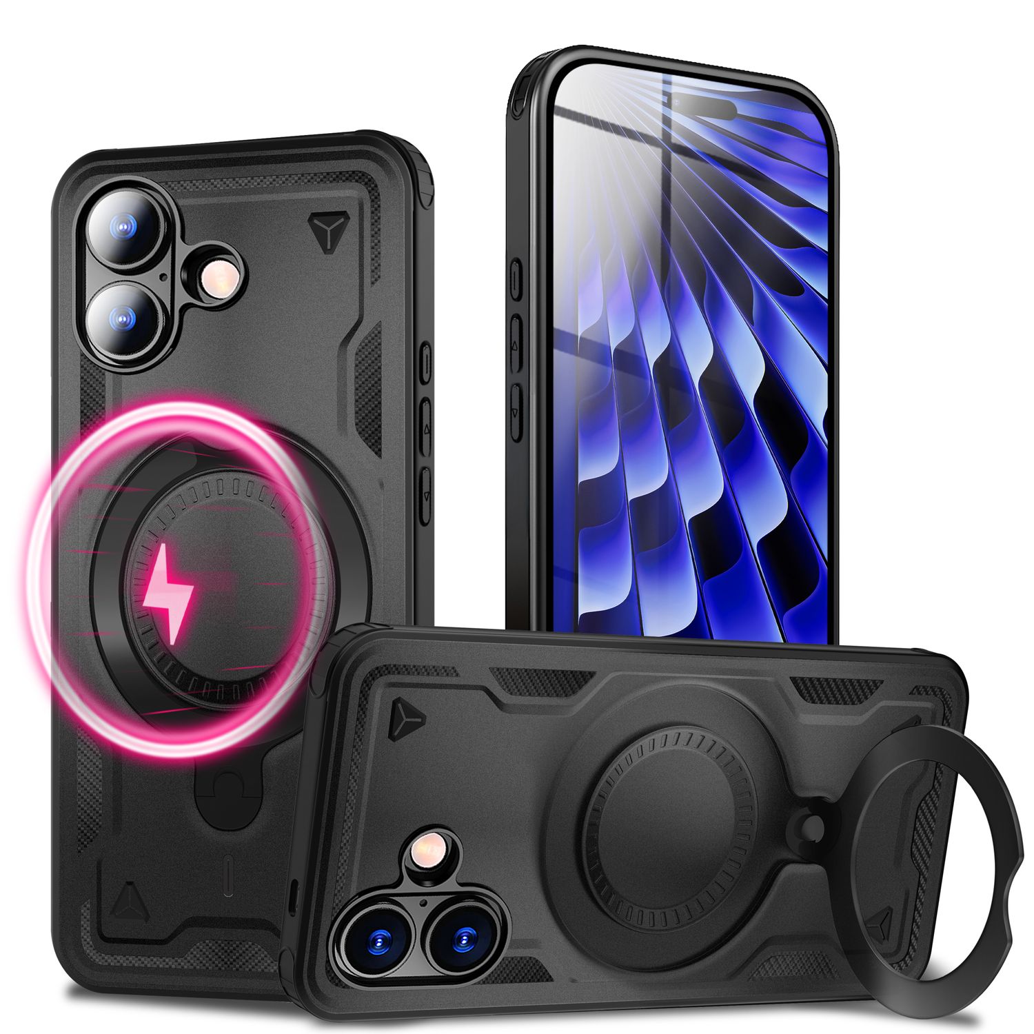 NALIA MagSafe Hülle Stormguard für Apple iPhone 17 (Unzerstörbare Panzerhülle) - Stoßfeste Outdoor Schutzhülle mit 360° Ring Ständer, Armor Case, Fallschutz Cover - Vulkanschwarz