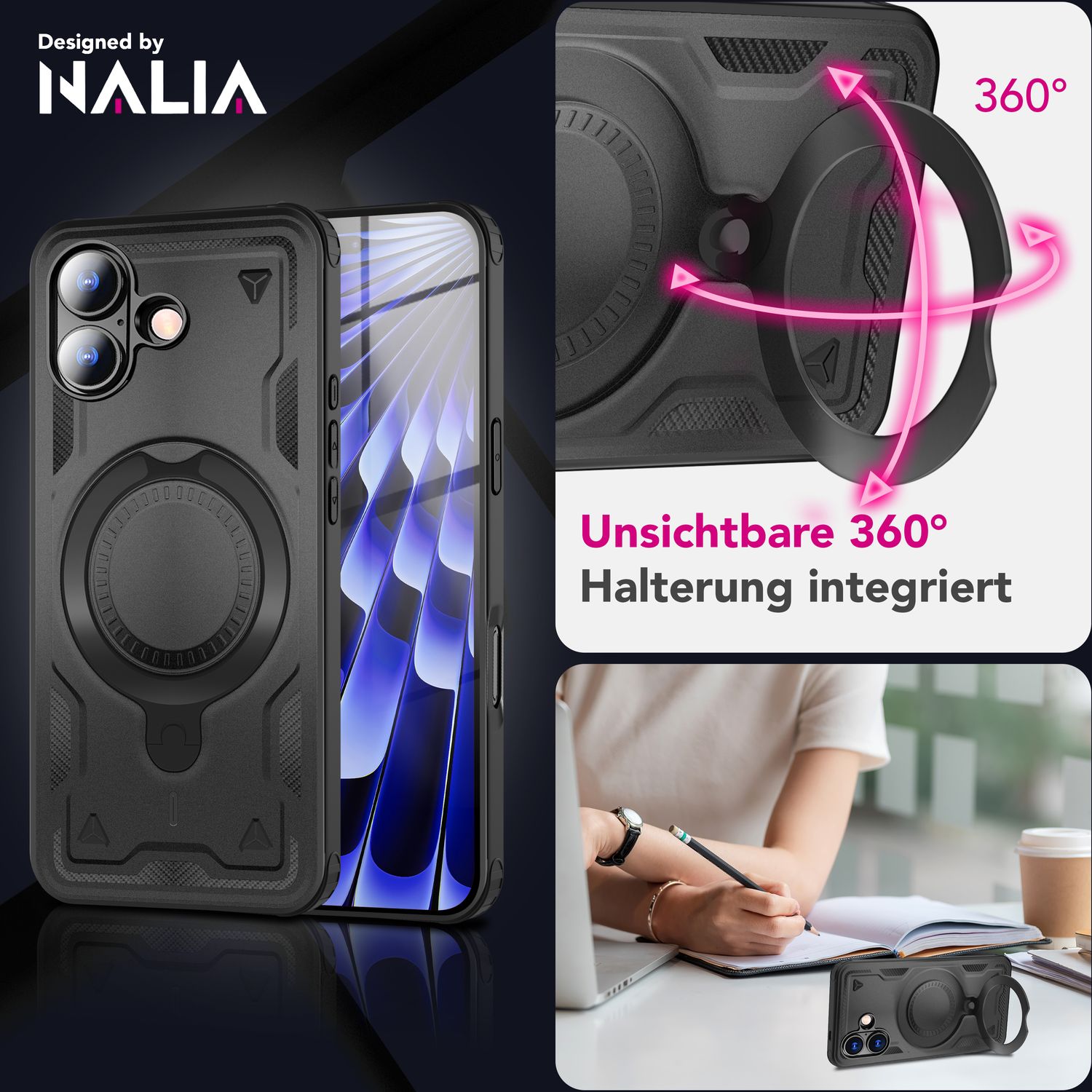 NALIA MagSafe Hülle Stormguard für Apple iPhone 17 (Unzerstörbare Panzerhülle) - Stoßfeste Outdoor Schutzhülle mit 360° Ring Ständer, Armor Case, Fallschutz Cover - Vulkanschwarz Default Title NALIA Outdoor Hülle