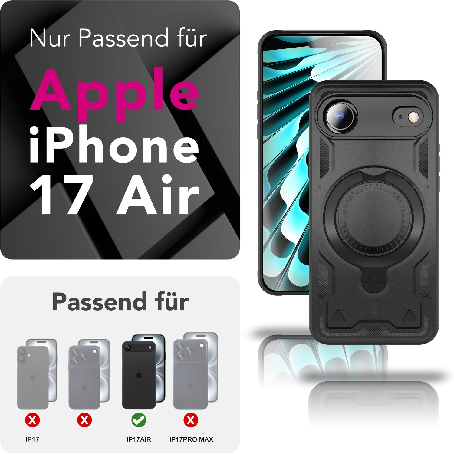 NALIA MagSafe Hülle Stormguard für Apple iPhone 17 Air (Unzerstörbare Panzerhülle), Schlagfester Aufprallschutz, Military Hardcase mit 360° Dreh-Ring, Outdoor Cover - Vulkanschwarz Default Title NALIA Outdoor Hülle