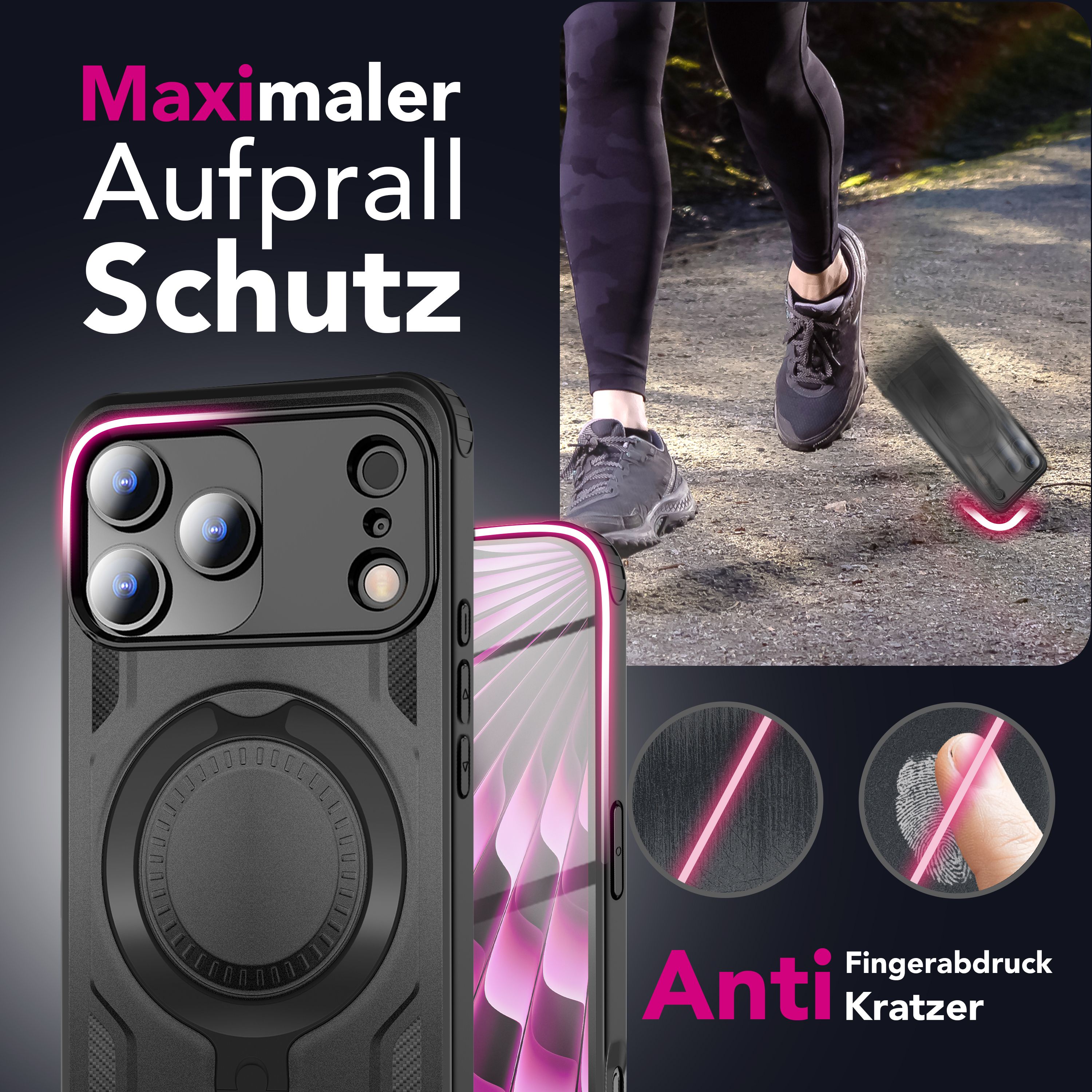 NALIA MagSafe Hülle Stormguard für Apple iPhone 17 Pro Max (Unzerstörbare Panzerhülle), Stoßfestes Armor Hardcase mit 360° Ring-Halter, Outdoor Militär Schutzhülle - Vulkanschwarz Default Title NALIA Outdoor Hülle