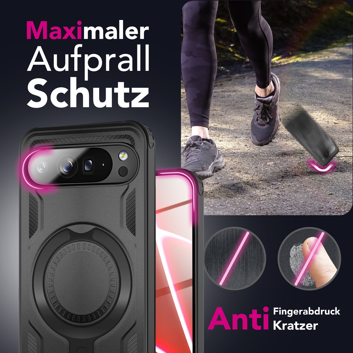 NALIA Hülle Stormguard für Google Pixel 10 Pro (Unzerstörbare Panzerhülle mit MagSafe), Schlagfeste Schutzhülle im Military Look, 360° Ring Ständer, Outdoor Cover Vulkanschwarz NALIA Outdoor Hülle