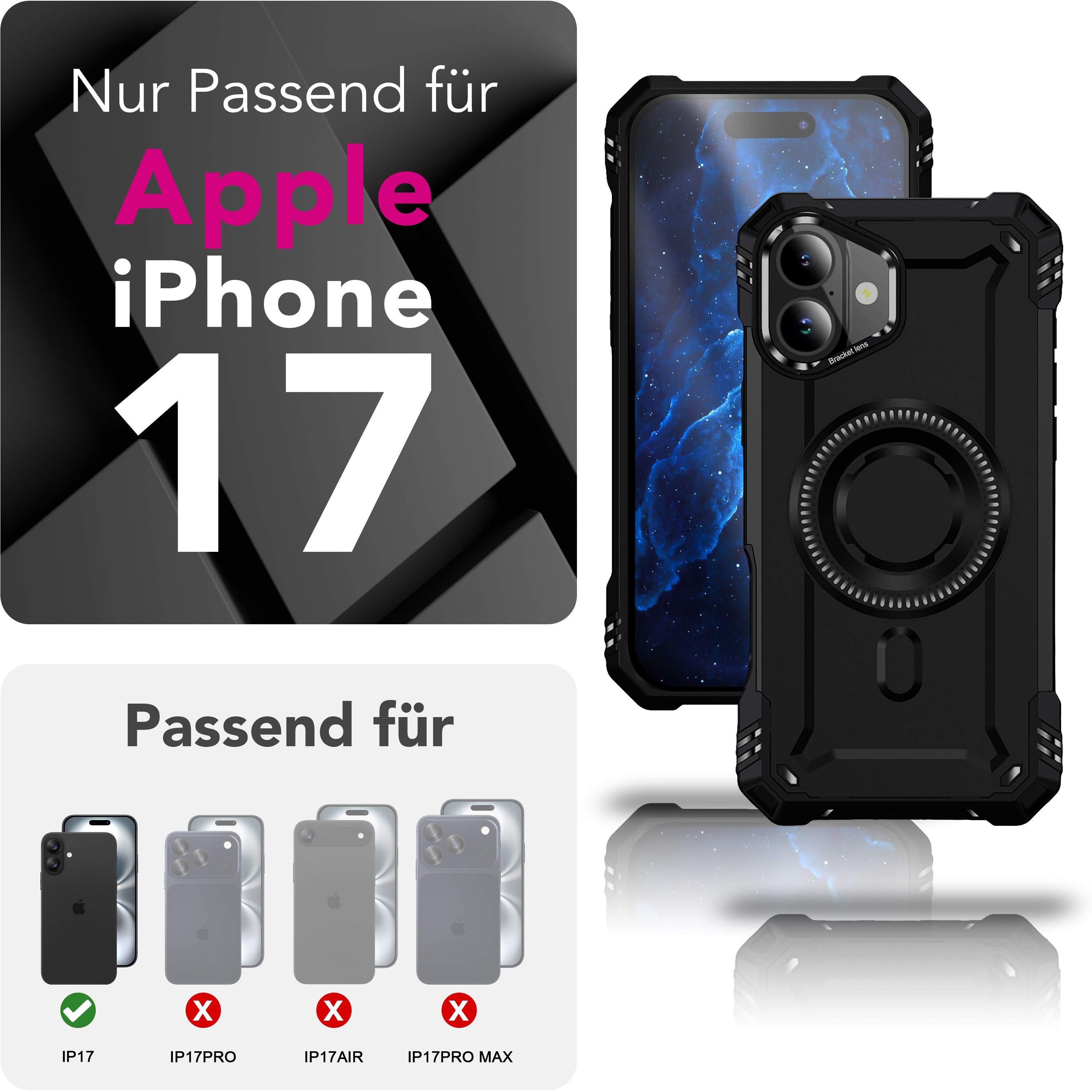 NALIA MagSafe Hülle Granite für Apple iPhone 17 (Militär-Panzer) - Stoßfestes Armor Case, Robuste Schutzhülle mit Kickstand, Heavy Duty Cover, Aufprallschutz - Vulkanschwarz