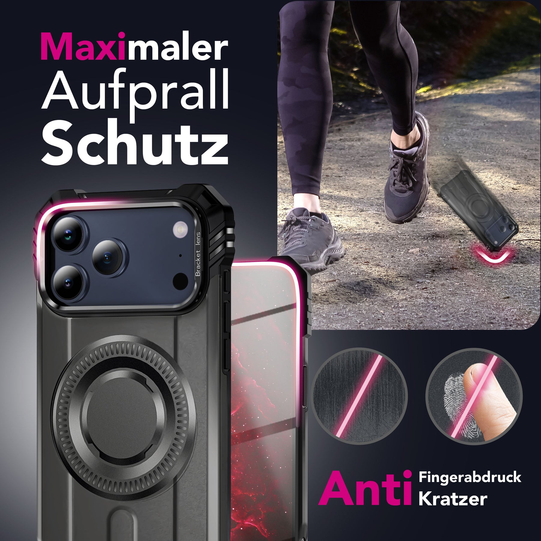 NALIA Magnetische Panzerhülle für iPhone 17 Pro – MagSafe kompatibel & Kamera-Stand – GRANITE (Outdoor Schutzhülle Stoßfest) – Marke aus Berlin Sturmgrau NALIA Outdoor Hülle