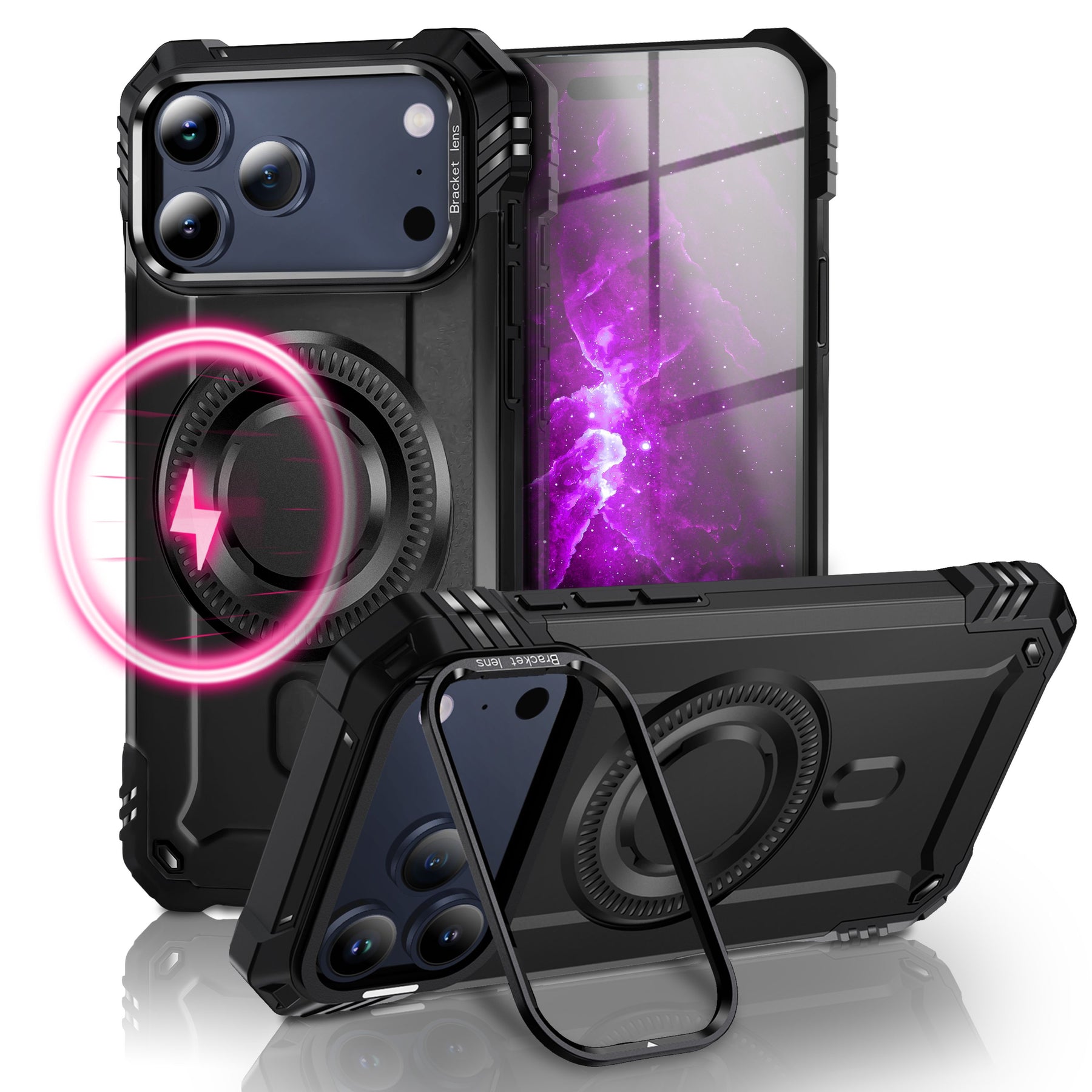 NALIA Magnetische Panzerhülle für iPhone 17 Pro Max – MagSafe kompatibel & Kamera-Stand – GRANITE (Outdoor Schutzhülle Stoßfest) – Marke aus Berlin Vulkanschwarz NALIA Outdoor Hülle