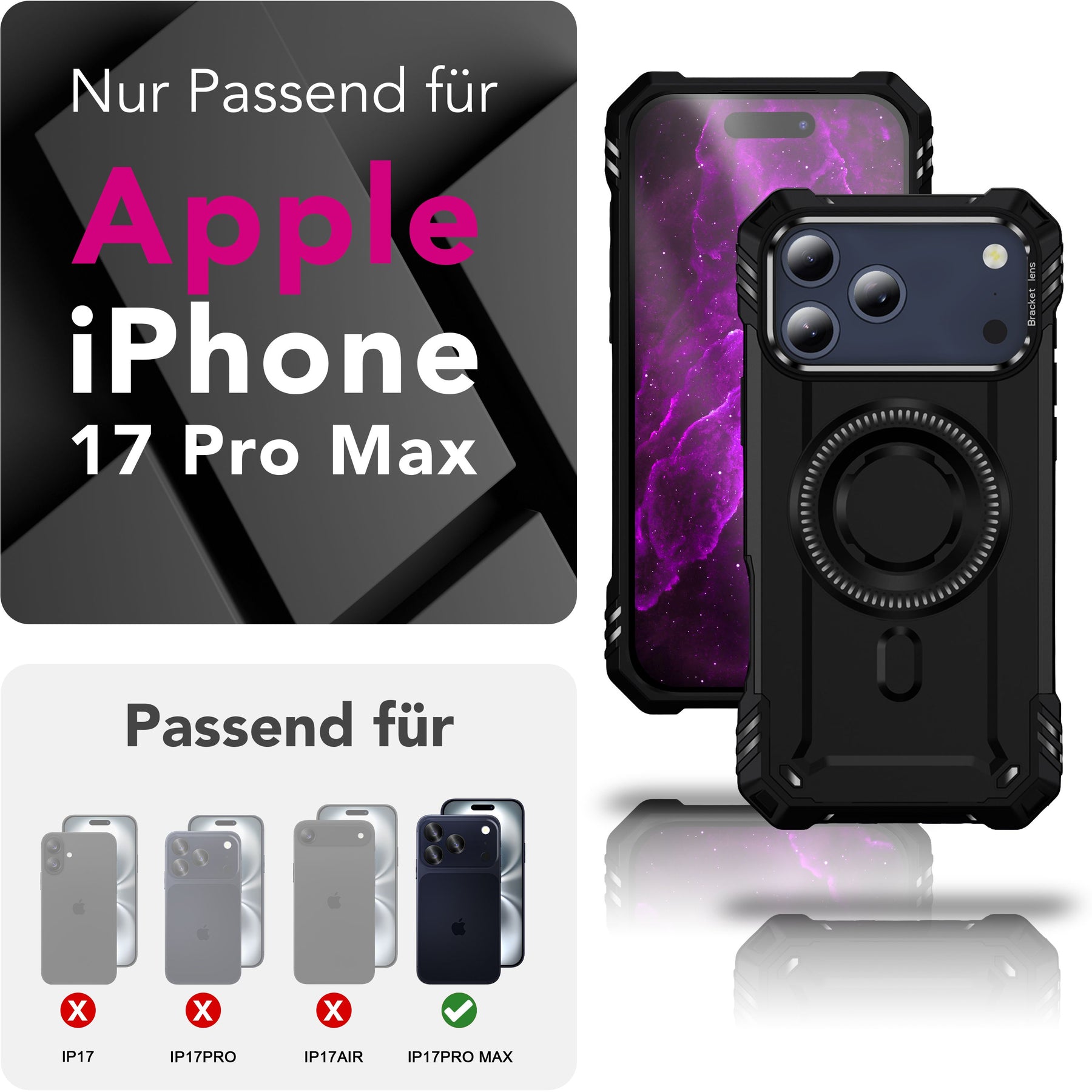 NALIA Magnetische Panzerhülle für iPhone 17 Pro Max – MagSafe kompatibel & Kamera-Stand – GRANITE (Outdoor Schutzhülle Stoßfest) – Marke aus Berlin Vulkanschwarz NALIA Outdoor Hülle
