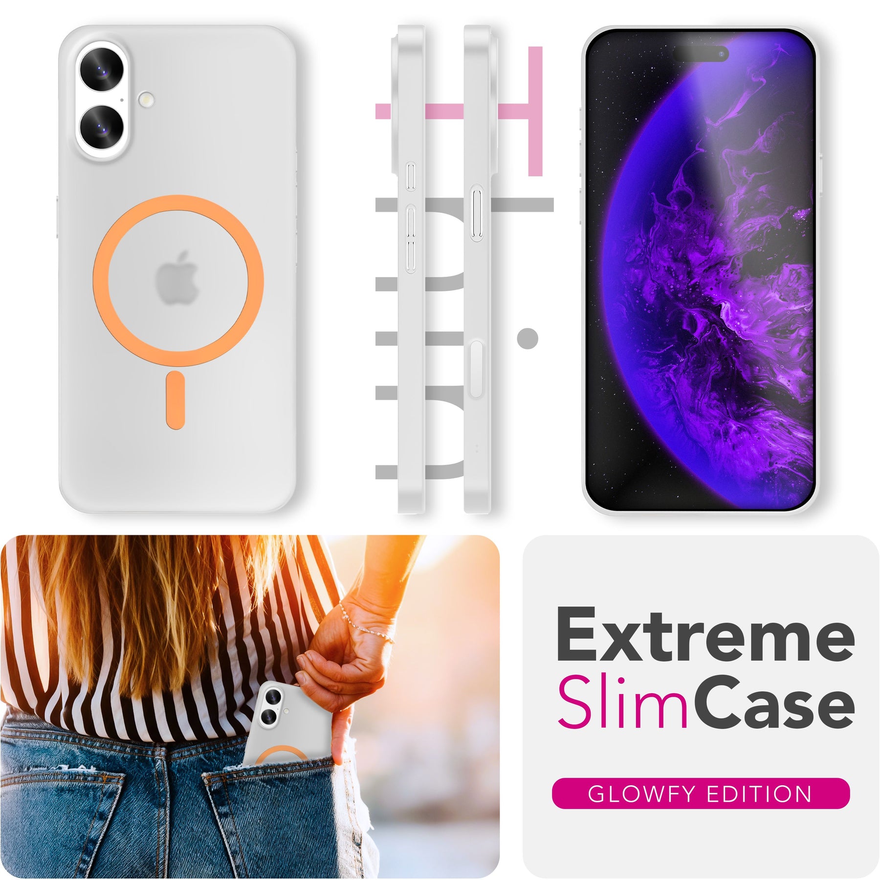 NALIA Ultra Slim Hardcase für iPhone 17 – MagSafe Kompatibel & Nachleuchtender Ring – THINIX GLOW (Matt-Transparent & 0,3mm Dünn) – Marke aus Berlin Neon Orange Transparent NALIA SlimFit Hüllen