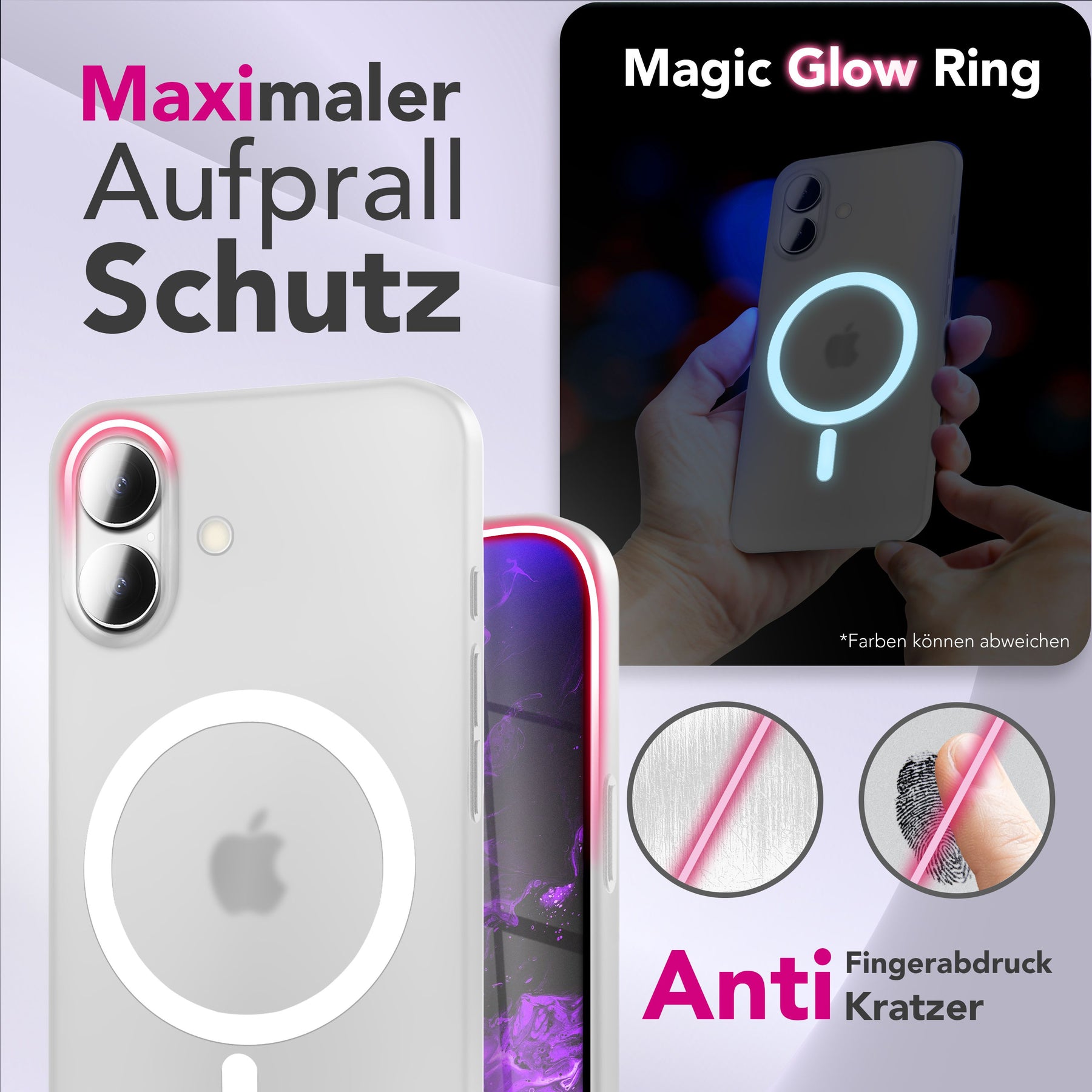 NALIA Ultra Slim Hardcase für iPhone 17 – MagSafe Kompatibel & Nachleuchtender Ring – THINIX GLOW (Matt-Transparent & 0,3mm Dünn) – Marke aus Berlin Neon Weiß Transparent NALIA SlimFit Hüllen