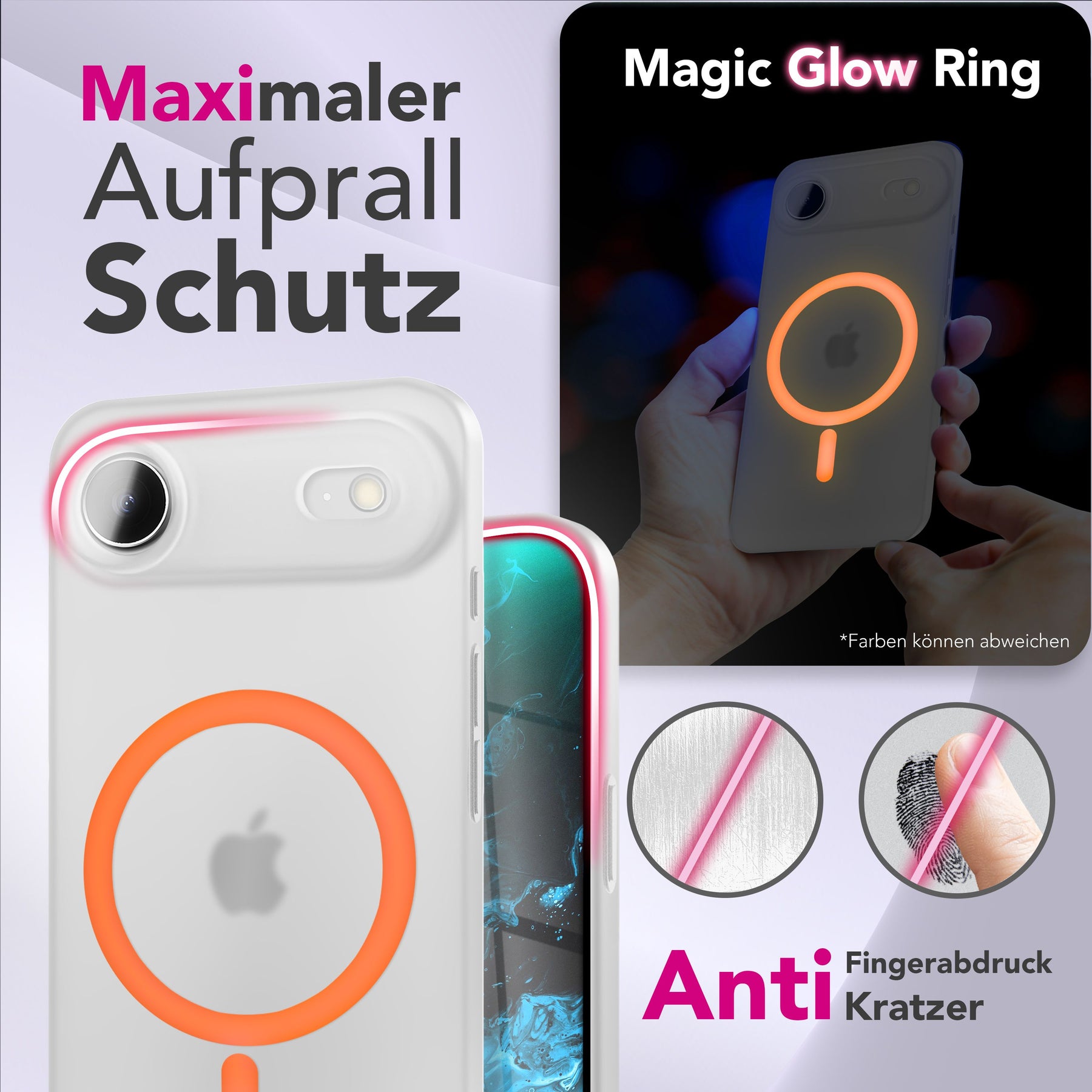 NALIA Ultra Slim Hardcase für iPhone 17 Air – MagSafe Kompatibel & Nachleuchtender Ring – THINIX GLOW (Matt-Transparent & 0,3mm Dünn) – Marke aus Berlin Neon Orange Transparent NALIA SlimFit Hüllen