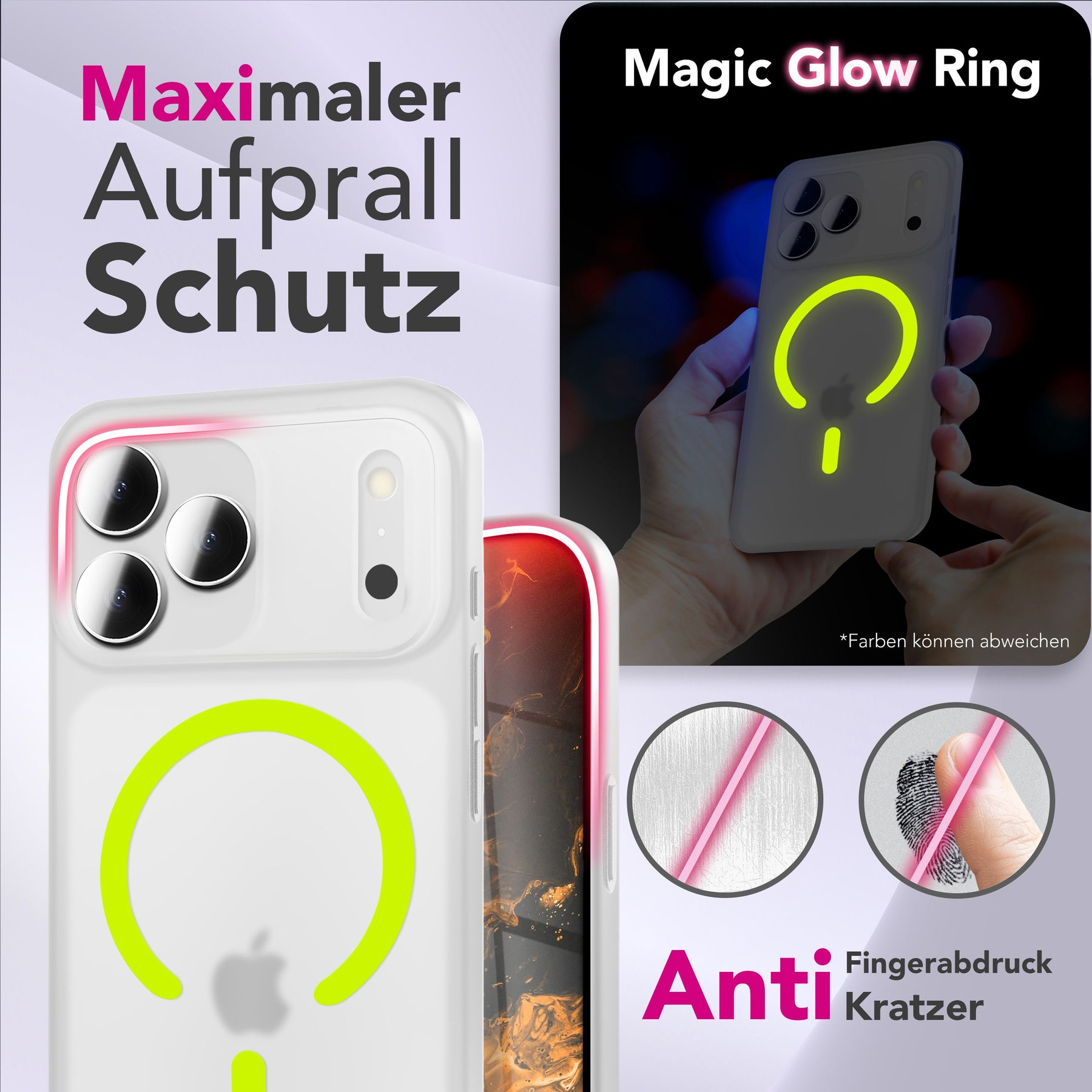NALIA Ultra Slim Hardcase für iPhone 17 Pro – MagSafe Kompatibel & Nachleuchtender Ring – THINIX GLOW (Matt-Transparent & 0,3mm Dünn) – Marke aus Berlin Neon Gelb Transparent NALIA SlimFit Hüllen