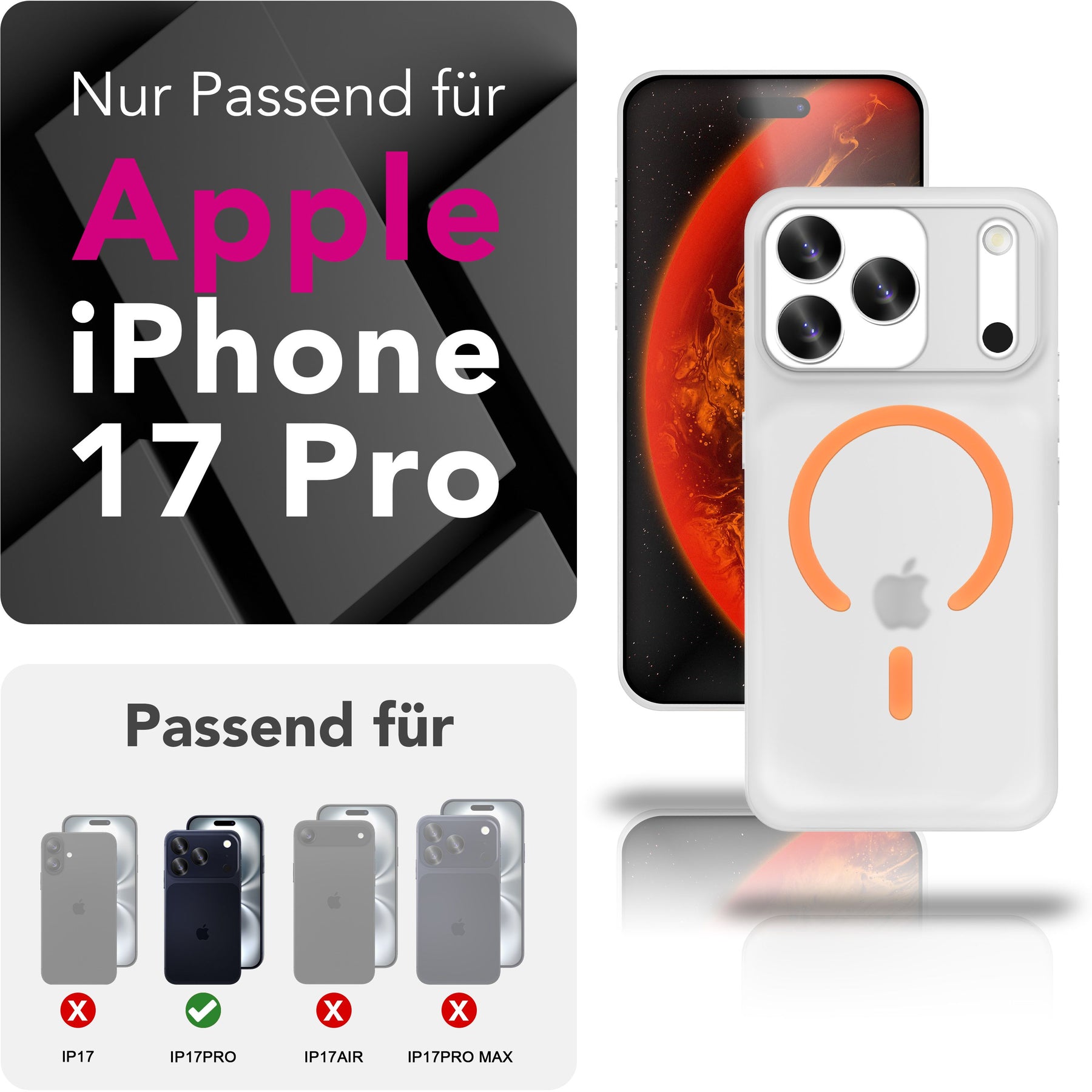 NALIA Ultra Slim Hardcase für iPhone 17 Pro – MagSafe Kompatibel & Nachleuchtender Ring – THINIX GLOW (Matt-Transparent & 0,3mm Dünn) – Marke aus Berlin Neon Orange Transparent NALIA SlimFit Hüllen