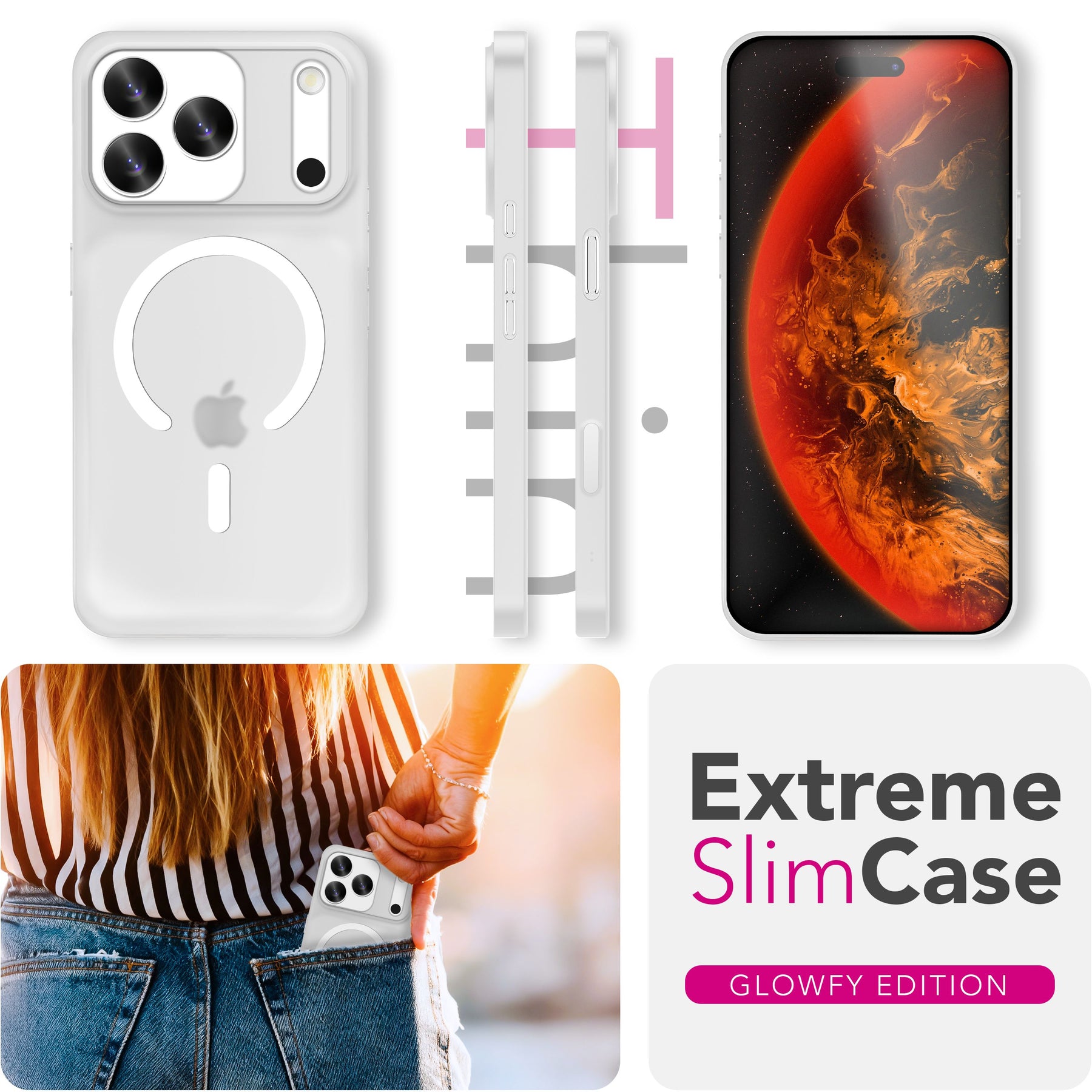 NALIA Ultra Slim Hardcase für iPhone 17 Pro – MagSafe Kompatibel & Nachleuchtender Ring – THINIX GLOW (Matt-Transparent & 0,3mm Dünn) – Marke aus Berlin Neon Weiß Transparent NALIA SlimFit Hüllen
