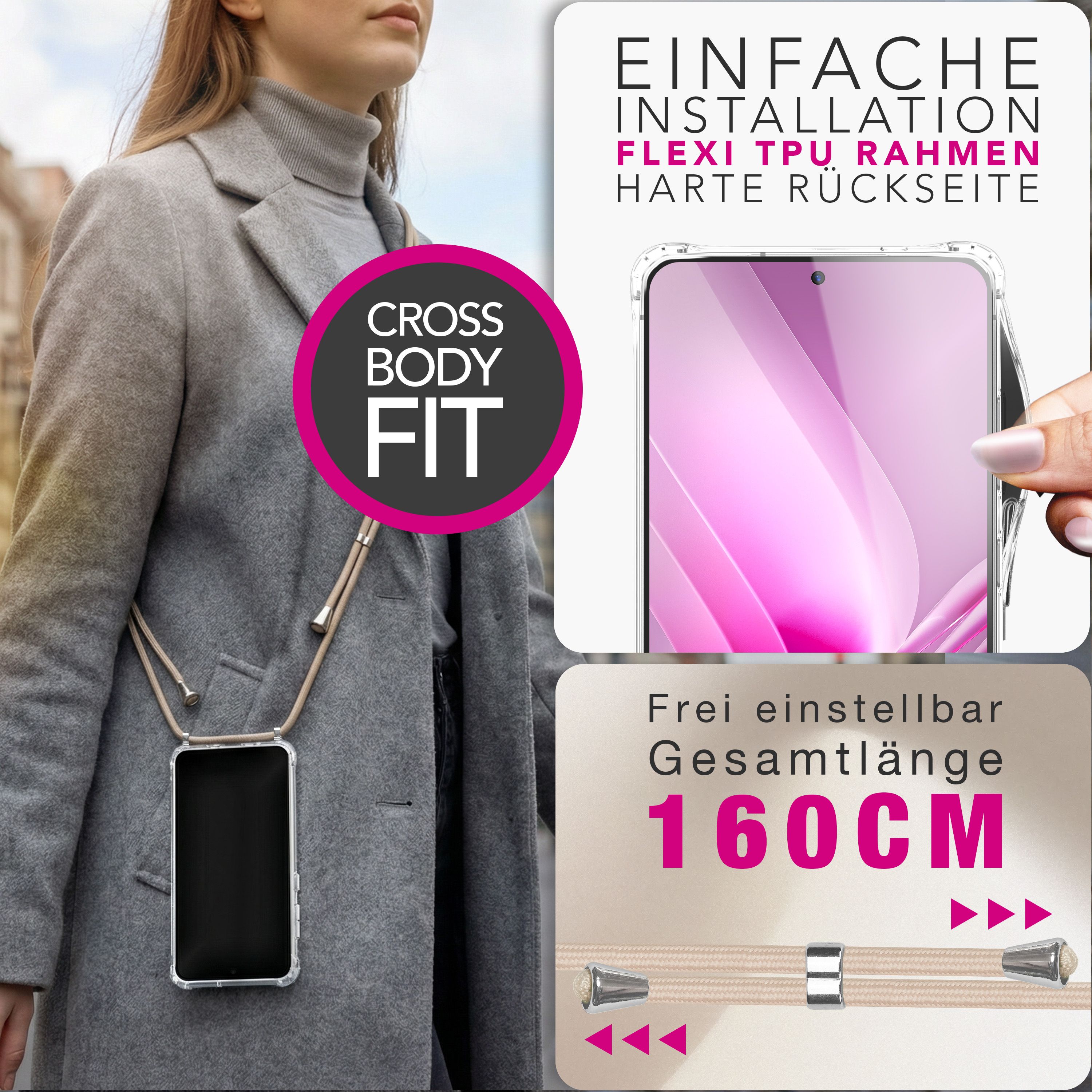 NALIA Handykette mit Hülle Samsung Galaxy S26 Ultra Case Crossbody verstellbar Sandstein Beige NALIA Klare Hüllen