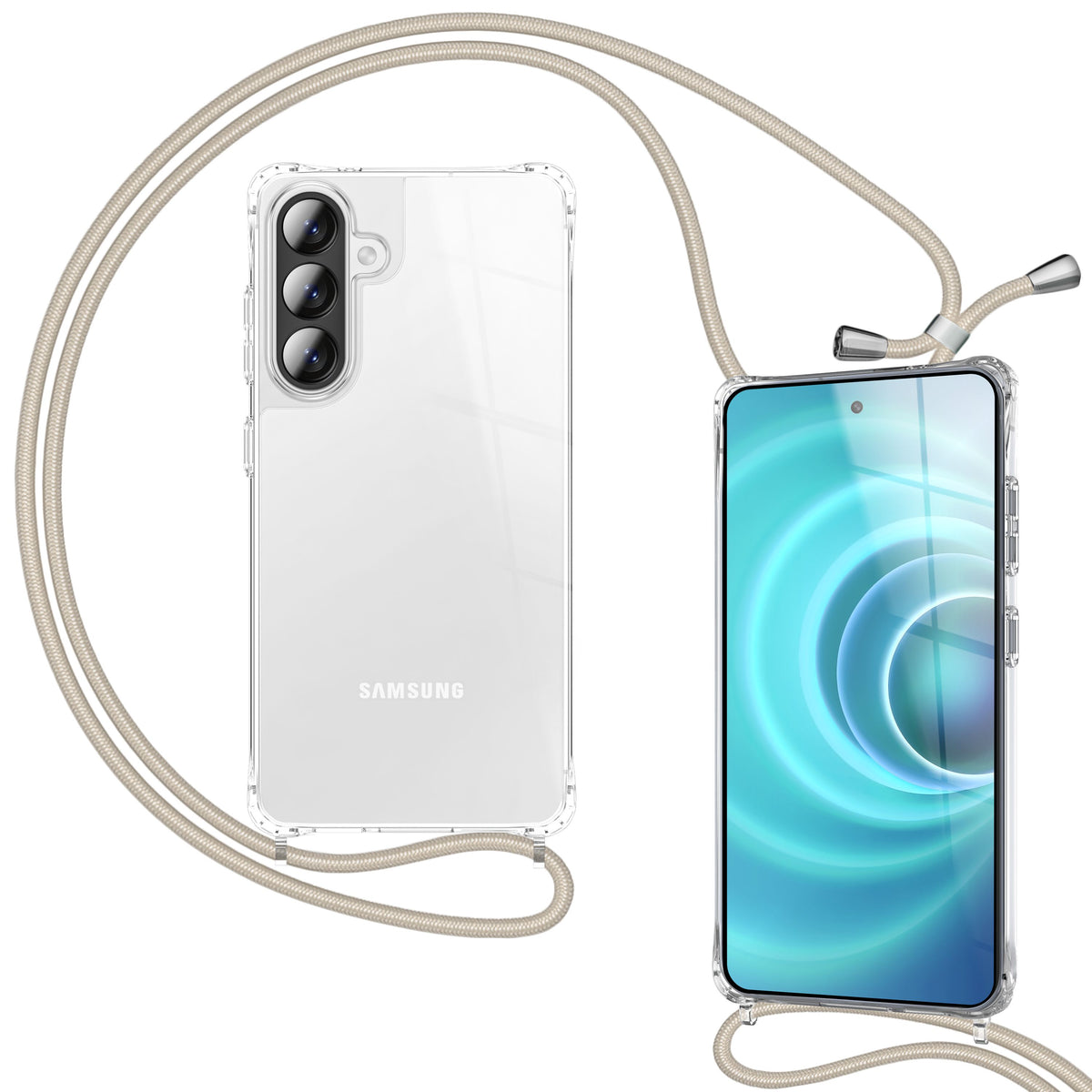 NALIA Handykette für Samsung Galaxy A37 – Transparentes Hybrid-Case & Band – HANGIT PRO (Anti-Gelb Rückseite & Verstellbar) – Marke aus Berlin Sandstein Beige NALIA Klare Hüllen
