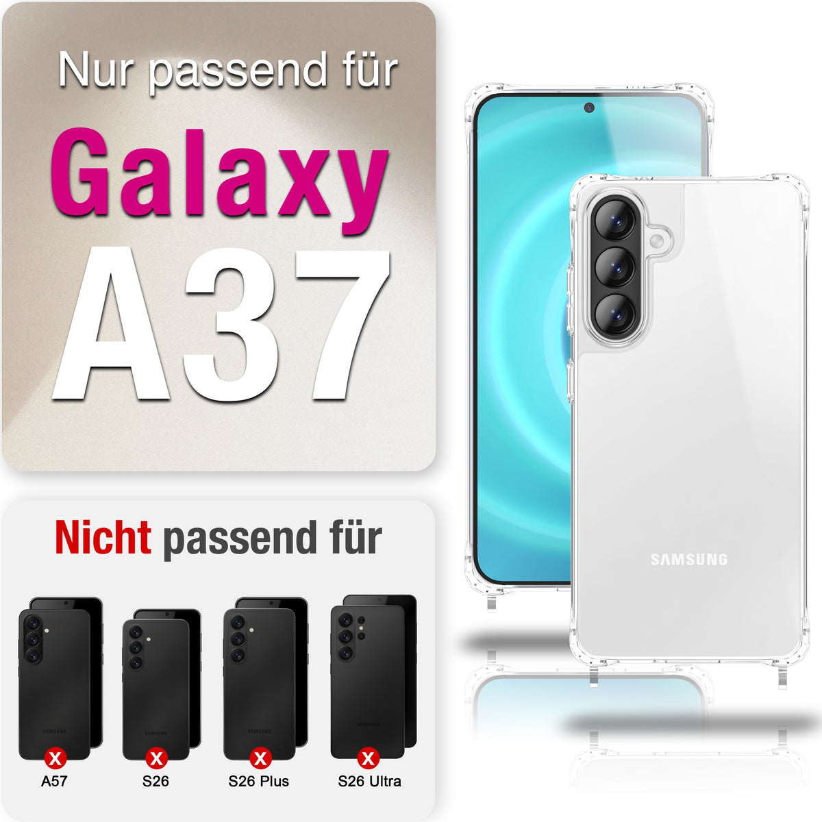 NALIA Handykette für Samsung Galaxy A37 – Transparentes Hybrid-Case & Band – HANGIT PRO (Anti-Gelb Rückseite & Verstellbar) – Marke aus Berlin Mitternacht Schwarz NALIA Klare Hüllen