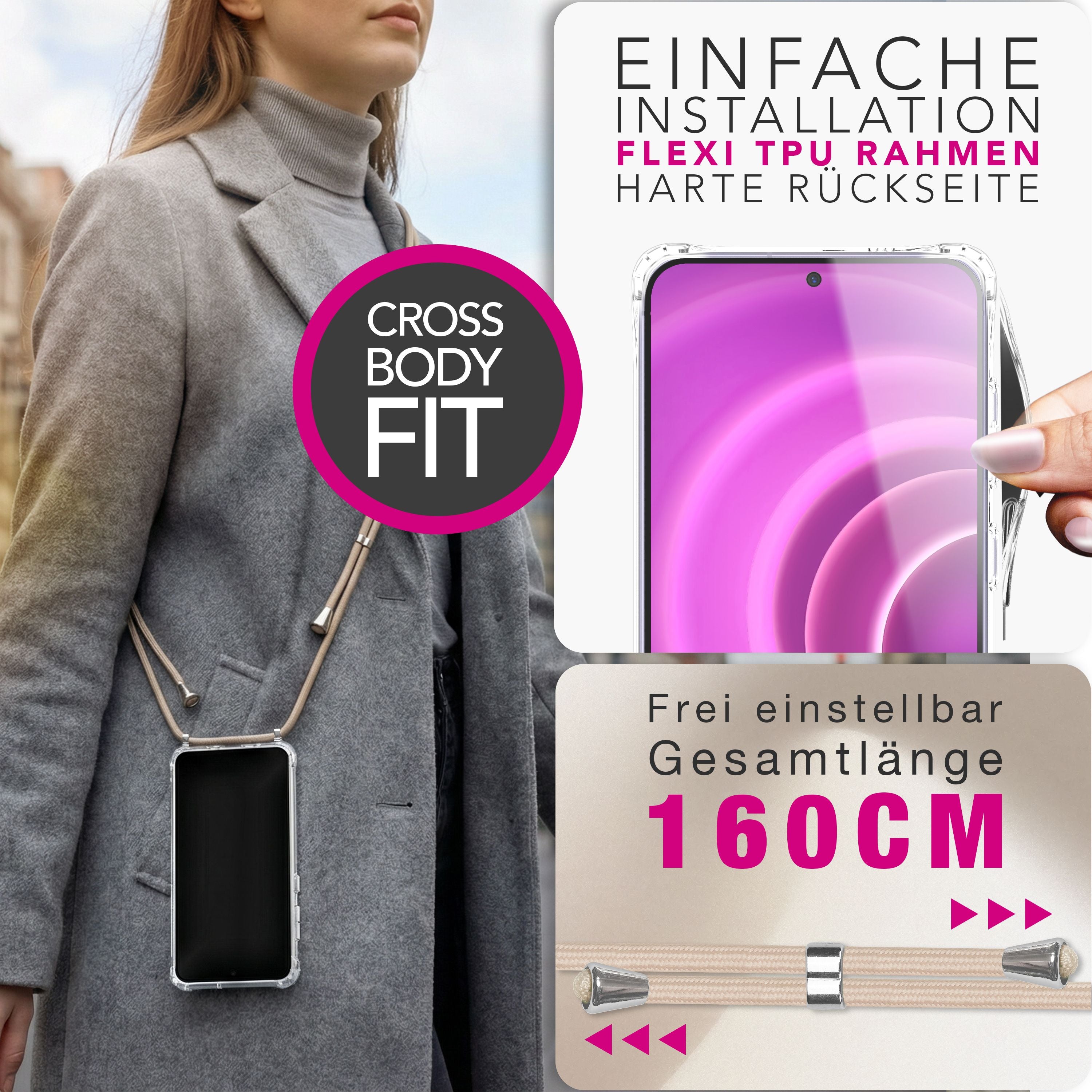NALIA Handykette mit Hülle Samsung Galaxy A57 Case Crossbody verstellbar Sandstein Beige NALIA Klare Hüllen
