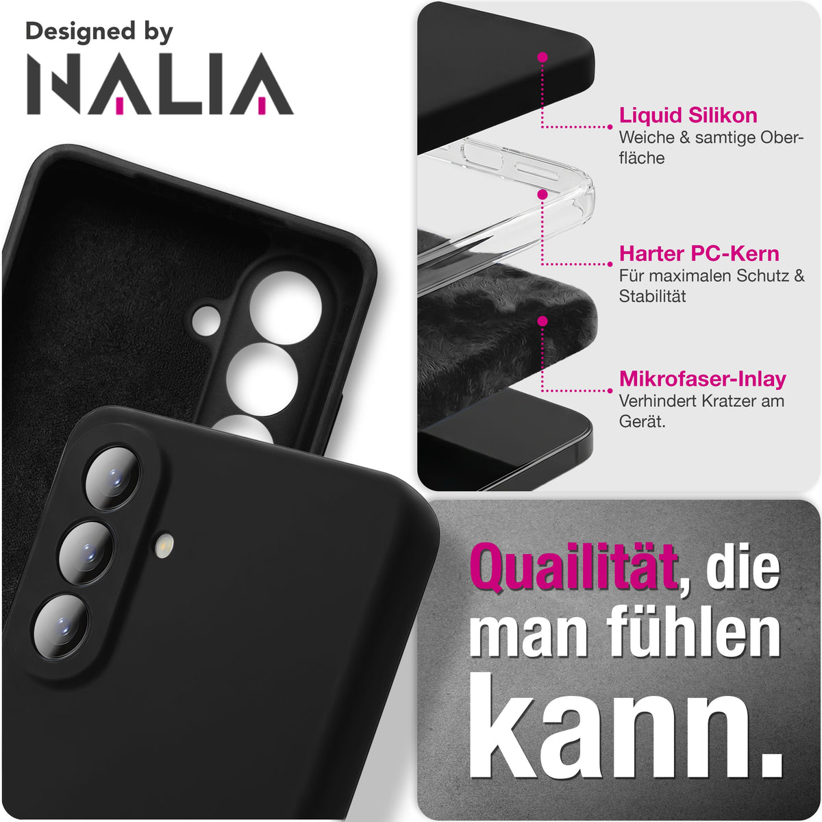 NALIA Silikonhülle für Samsung Galaxy A57 – Kameraschutz & Innenfutter – PHOENIX (Soft-Touch Case) – Marke aus Berlin Graphit Schwarz NALIA Protective Hülle