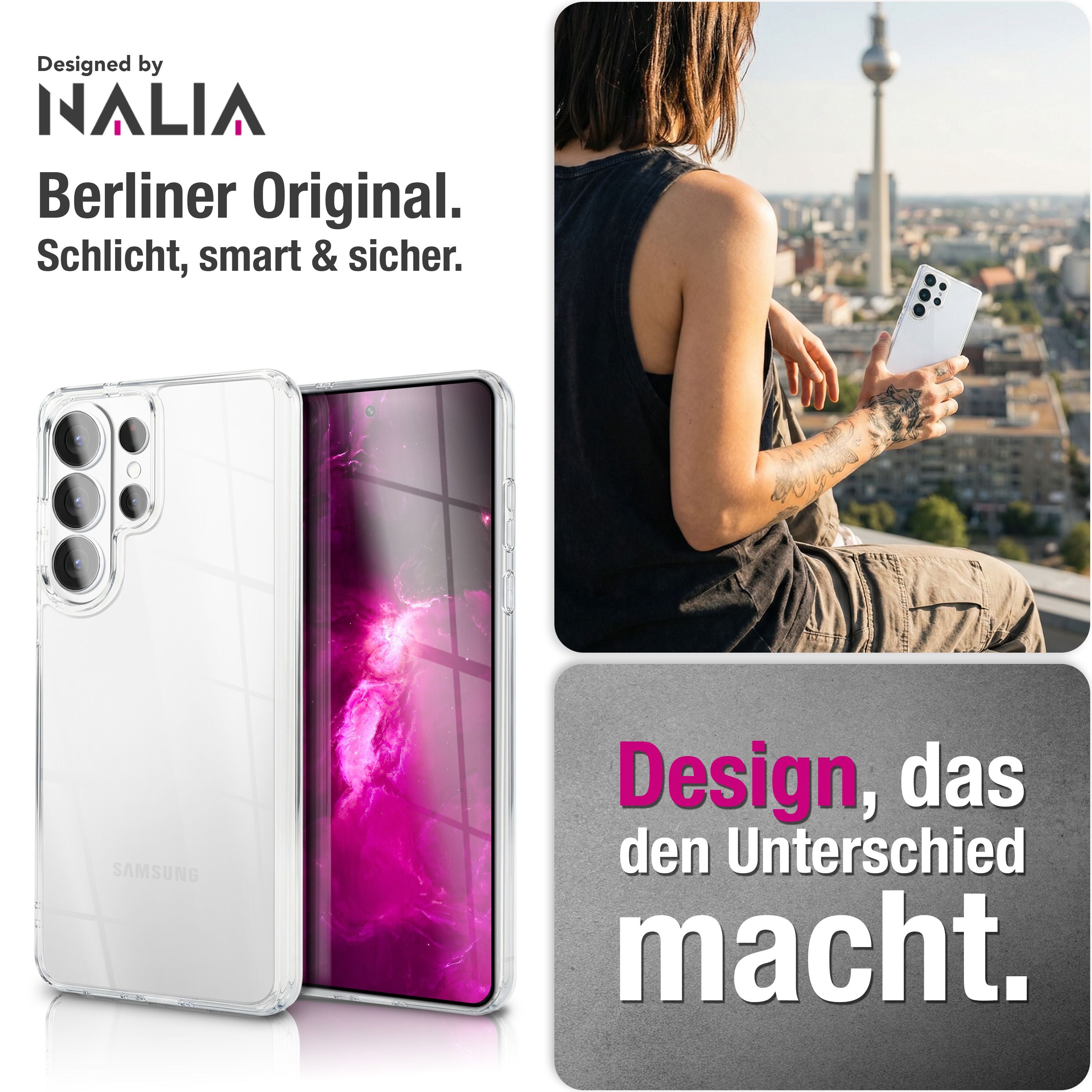 NALIA Transparente Hülle für Samsung Galaxy S26 Ultra – Anti-Gelb & Stoßfest – GLAZE (Rückseite in Glas-Optik) – Marke aus Berlin