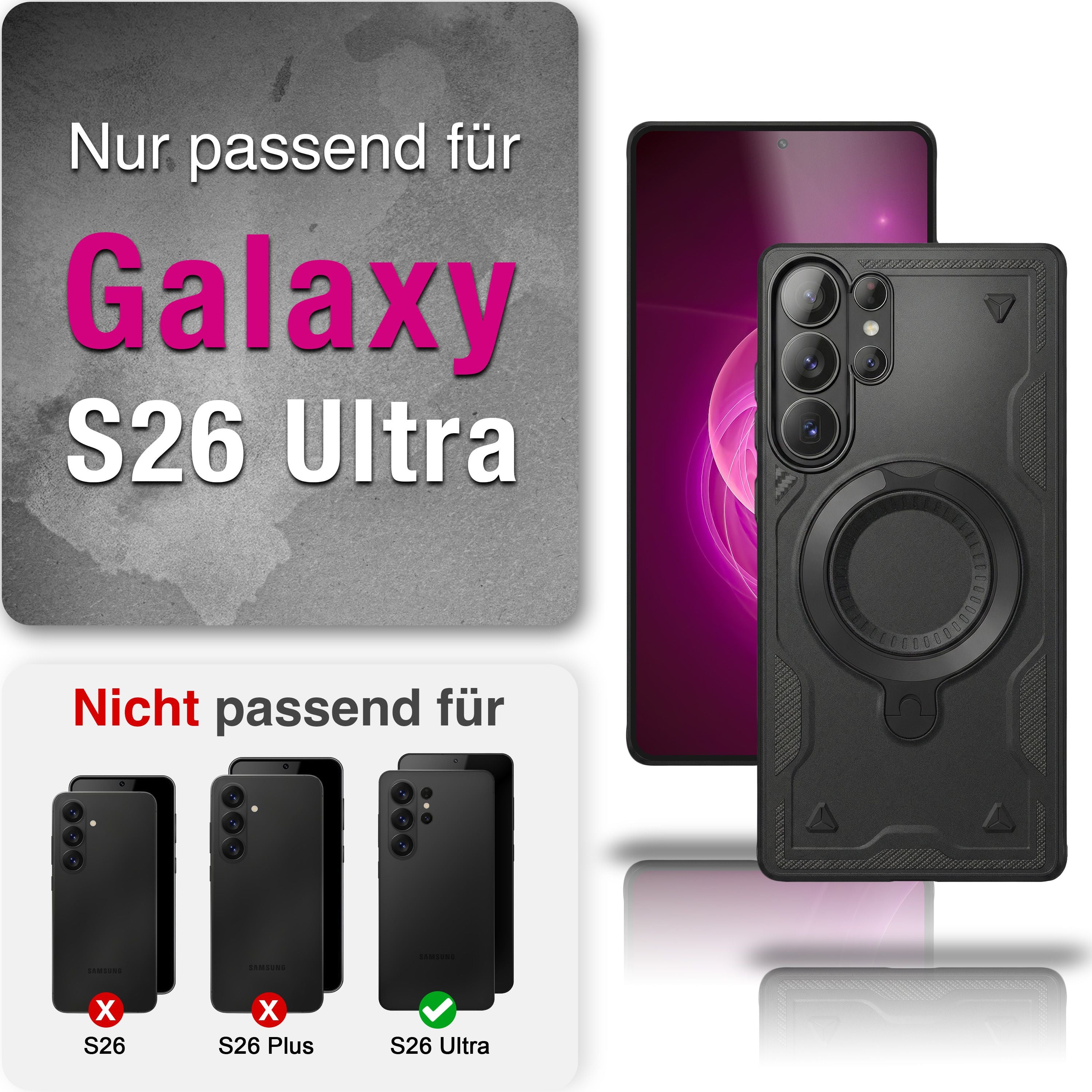 NALIA Magnetische Panzerhülle für Samsung Galaxy S26 Ultra – Ring-Halterung 360° & MagSafe kompatibel – STORMGUARD (Outdoor Case) – Marke aus Berlin