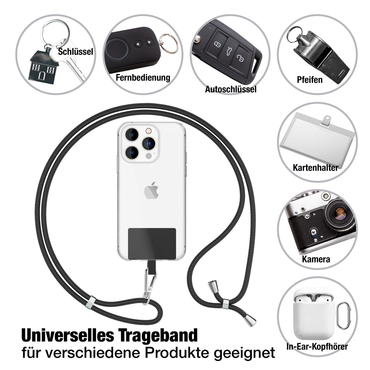 NALIA Universal-Kette mit Pad, Band für Handy-Hülle zum Umhängen, Karabinerhaken aus Metall (silber), Schlüsselband Umhängeband 160 CM, Crossbody Lanyard Schwarz NALIA Universal Handykette