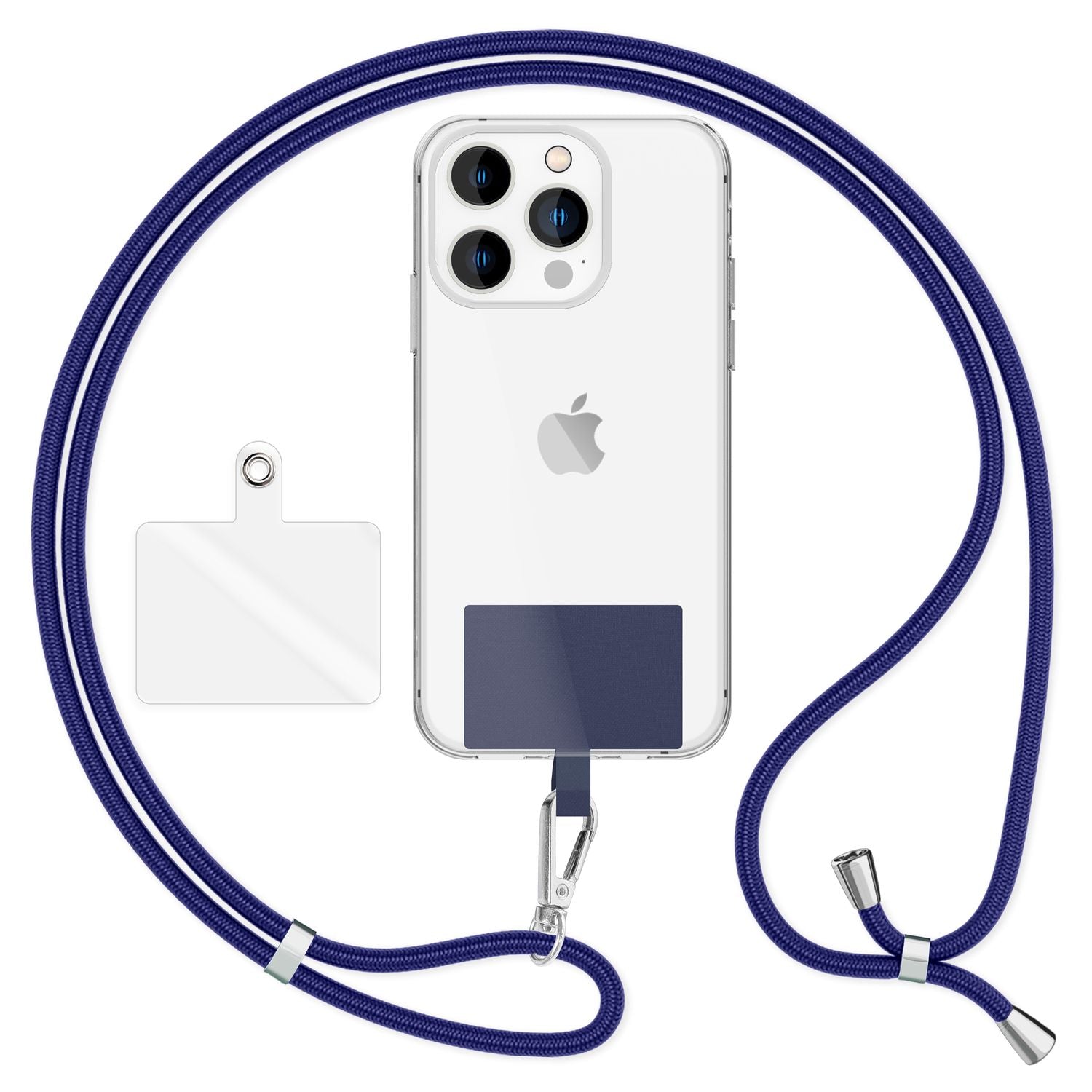 NALIA Universal-Kette mit Pad, Band für Handy-Hülle zum Umhängen, Karabinerhaken aus Metall (silber), Schlüsselband Umhängeband 160 CM, Crossbody Lanyard Dunkelblau NALIA Universal Handykette