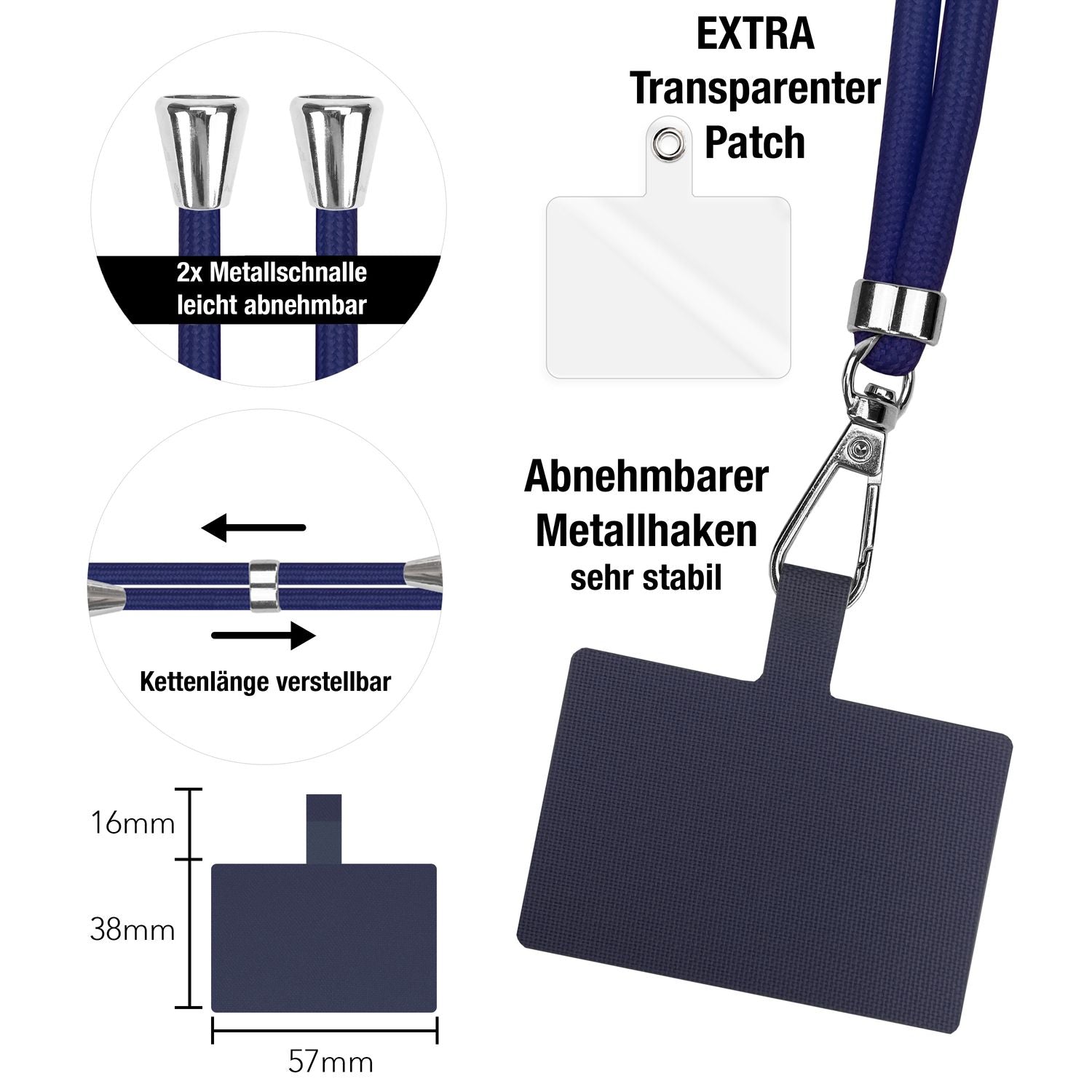 NALIA Universal-Kette mit Pad, Band für Handy-Hülle zum Umhängen, Karabinerhaken aus Metall (silber), Schlüsselband Umhängeband 160 CM, Crossbody Lanyard Dunkelblau NALIA Universal Handykette